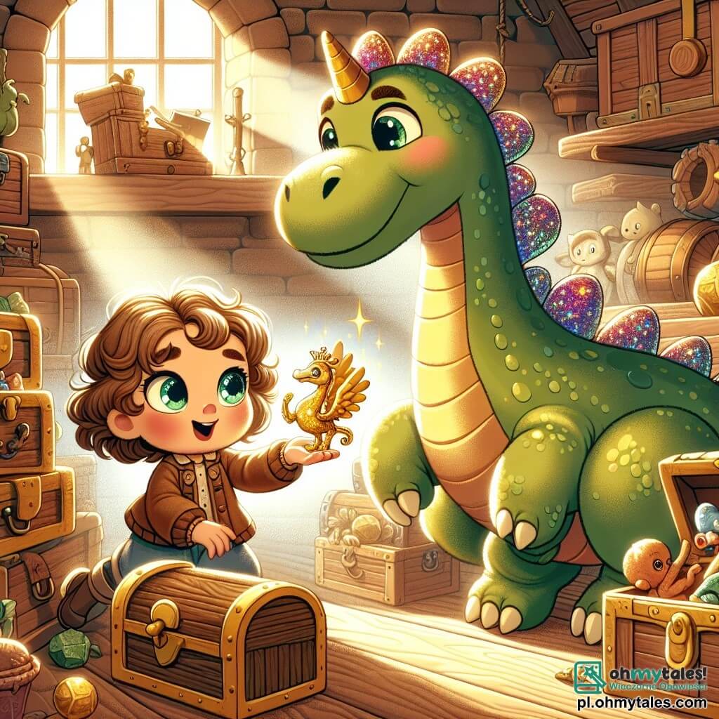 Une illustration sous forme de dessin destinée aux enfants représentant un vieux grenier poussiéreux rempli de jouets anciens et de malles en bois, où une petite fille de 5 ans aux cheveux bouclés et aux yeux pétillants explore avec émerveillement un magnifique zegarek doré qui brille dans sa main, tandis qu'un grand dinozaure vert au sourire amical, avec des écailles scintillantes, se penche vers elle, prêt à l'aider dans sa quête pour trouver un nouveau foyer pour sa famille, le tout baigné dans une lumière douce et magique qui évoque le voyage dans le temps.
