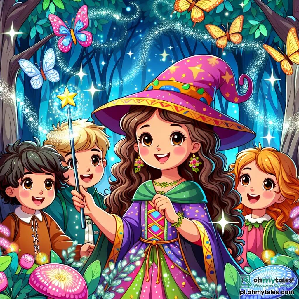 Une illustration sous forme de dessin destinée aux enfants représentant une forêt enchantée, avec des arbres majestueux aux feuilles scintillantes, au centre une jeune sorcière aux longs cheveux bouclés et au sourire radieux, vêtue d'une robe colorée et tenant une baguette magique, entourée de ses amis, des enfants aux visages émerveillés, qui s'apprêtent à réaliser un sort de magie amicale, tandis que des papillons multicolores dansent autour d'eux et que des fleurs lumineuses émettent une douce lueur, capturant l'esprit de l'aventure et de la camaraderie.