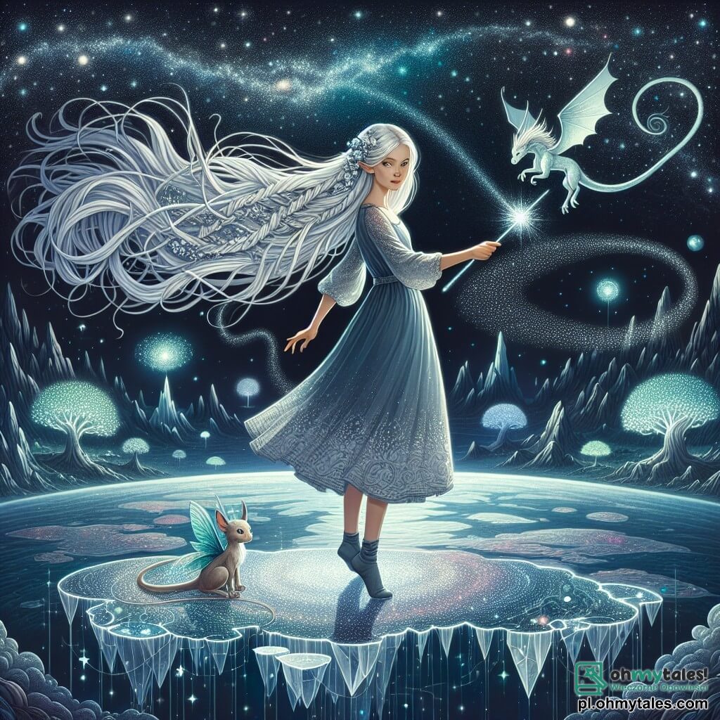 Une illustration destinée aux enfants représentant une jeune femme aux longs cheveux argentés flottant comme des filaments d'étoiles dans l'immensité d'un ciel nocturne parsemé de galaxies scintillantes, brandissant une baguette magique étincelante, se tenant sur une plateforme de cristal suspendue au-dessus d'une planète mystérieuse aux paysages de forêts luminescentes et de montagnes flottantes, alors qu'elle se prépare à affronter des ombres menaçantes qui s'étendent autour d'elle, accompagnée de son fidèle compagnon, un petit dragon aux écailles iridescentes et aux yeux pétillants de curiosité, et d'un sage elfe aux oreilles pointues, dont la voix résonne comme un doux murmure dans le vent, tous deux déterminés à protéger leur monde enchanteur des forces obscures qui menacent de l'engloutir.