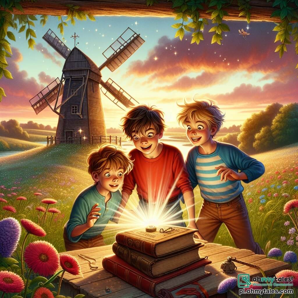Ilustracja przedstawiająca magiczną scenę przy starym drewnianym młynie, otoczonym zielonymi polami i kolorowymi kwiatami, pod zmierzchowym niebem w odcieniach różu i złota. Na pierwszym planie trzech siedmioletnich chłopców z rozczochranymi włosami: jeden ma brązowe włosy i nosi czerwoną koszulkę, trzyma dziwne urządzenie przypominające mały zegarek; drugi ma blond włosy i nosi niebieskie szorty, patrzy z zachwytem; trzeci ma kasztanowe włosy i nosi koszulkę w paski, uśmiecha się, wskazując palcem na stary książkę leżącą na drewnianym stole. Główna sytuacja pokazuje chłopców odkrywających tajemnicze urządzenie do podróży w czasie, z błyszczącymi iskrami światła wokół nich, symbolizującymi czekającą na nich przygodę. W tle stary młyn z drewnianymi skrzydłami dodaje atmosfery tajemnicy, podczas gdy ptaki latają po niebie, podkreślając uczucie zachwytu i eksploracji.