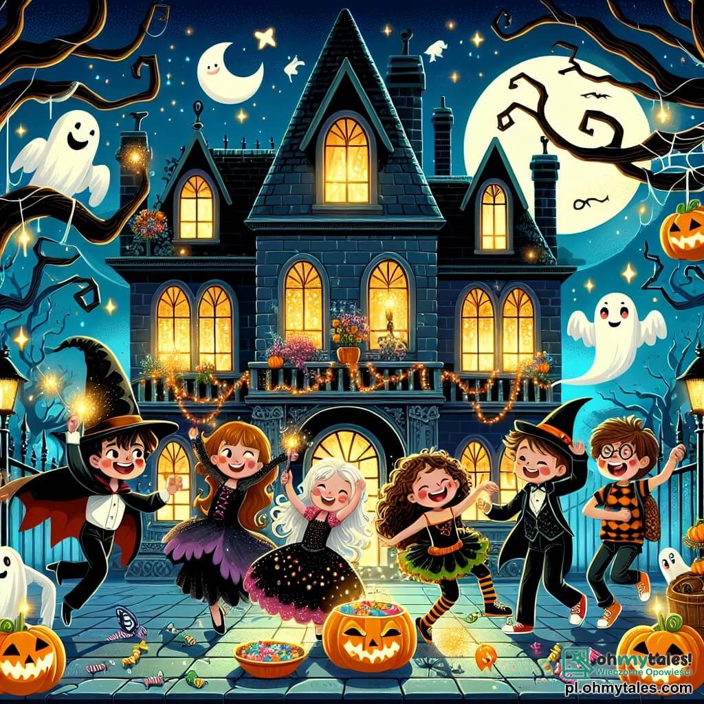 Ilustracja przedstawiająca magiczną scenę Halloween w starym dworze. Dwor otaczają powykręcane drzewa, których gałęzie zdają się chcieć złapać jasny księżyc. Okna są ciemne, ale z wnętrza emanuje ciepłe światło, oświetlające błyszczące pajęczyny. W centrum sceny tańczy radosny dziesięcioletni chłopiec z kręconymi włosami i szerokim uśmiechem, przebrany za wampira. Obok niego stoi dziesięcioletnia dziewczynka przebrana za czarownicę z szpiczastym kapeluszem i czarną sukienką, śmiejąc się, trzymając różdżkę. Inny chłopiec, również dziesięcioletni, przebrany za potwora z plastikowymi pazurami, robi miny, podczas gdy dziewięcioletnia dziewczynka, przebrana za wróżkę z błyszczącymi skrzydłami, unosi się w powietrzu, pełna radości. Główna sytuacja pokazuje dzieci tańczące i bawiące się z przyjaznymi duchami unoszącymi się wokół nich, tworząc radosną i świąteczną atmosferę. Kolorowe cukierki i ciastka w kształcie dyni są ułożone na dużym stole, dodając smaku tej zaczarowanej scenie. Gwiazdy świecą na nocnym niebie, a duża uśmiechnięta dynia króluje na pierwszym planie, symbolizując magię Halloween.
