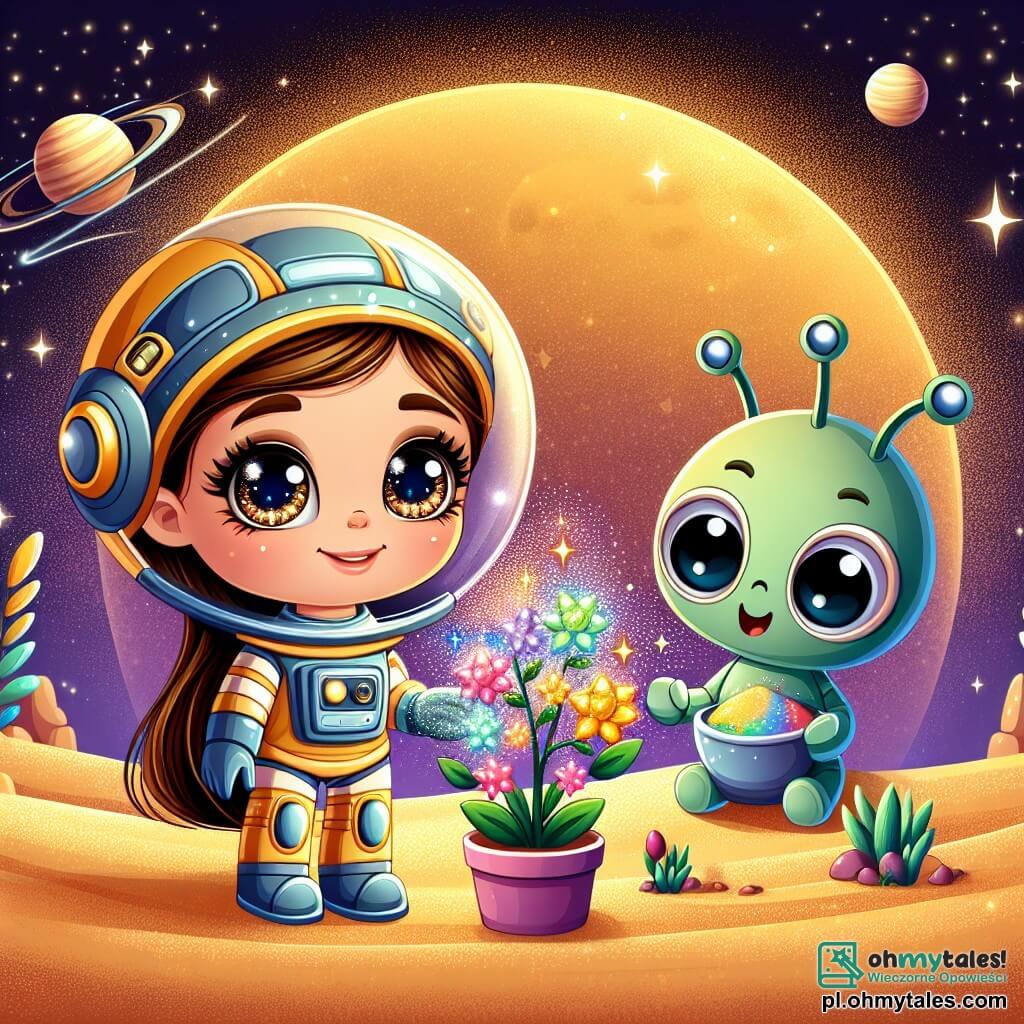 Une illustration sous forme de dessin destinée aux enfants représentant une magnifique planète dorée, avec des dunes de sable scintillant sous un ciel étoilé, où une courageuse femme astronaute aux longs cheveux bruns et aux yeux pétillants, vêtue d'un scaphandre futuriste, se tient aux côtés d'un petit robot vert aux grands yeux ronds, en train de mélanger des plantes colorées pour créer un élixir magique, tandis qu'un petit extraterrestre aux longues oreilles et au sourire chaleureux les observe avec enthousiasme, le tout capturant l'instant où ils unissent leurs forces pour sauver la planète d'une obscurité menaçante.