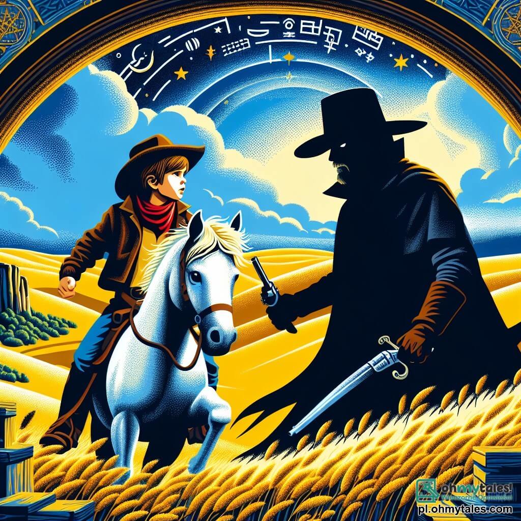Une illustration sous forme de dessin destinée aux enfants représentant une vaste prairie dorée sous un ciel bleu éclatant, avec un jeune garçon cowboy aux cheveux châtains et au chapeau de cowboy, chevauchant son fidèle cheval blanc, Biały Duch, tandis qu'il fait face à un bandit au regard menaçant, vêtu d'un long manteau noir et d'un chapeau sombre, dans une joute tendue au cœur d'une jaskinia mystérieuse, où des symboles anciens ornent les murs, évoquant des trésors cachés et des aventures palpitantes.