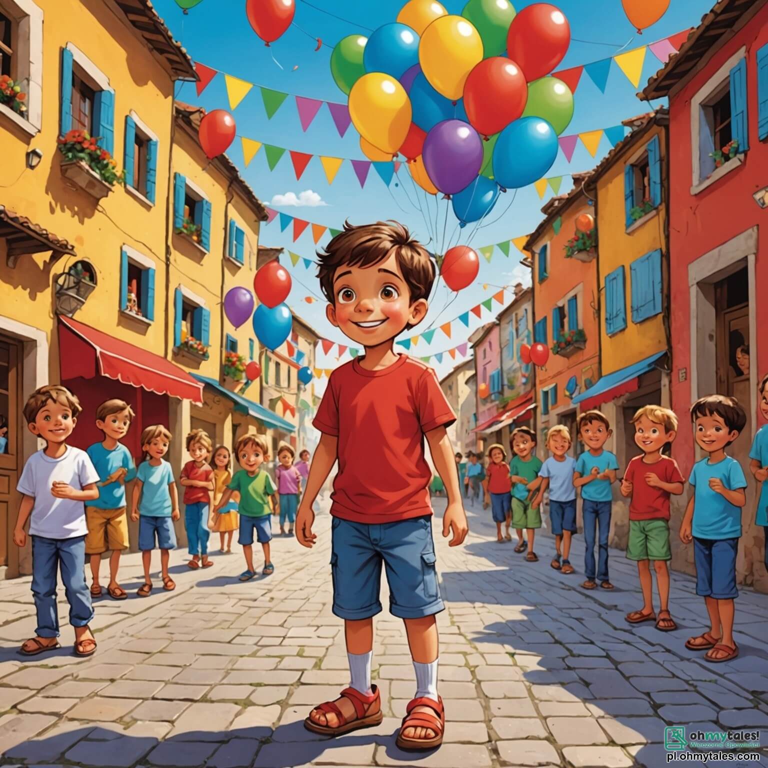 Une illustration destinée aux enfants représentant un petit garçon aux yeux pétillants de curiosité, vêtu de spartiates et d'un t-shirt rouge vif, se tenant au milieu d'une place animée d'un charmant village décoré de guirlandes colorées et de ballons flottants, où des rires d'enfants et des éclats de musique remplissent l'air, tandis qu'il s'apprête à vivre une aventure inoubliable lors d'un carnaval éclatant, entouré de son meilleur ami, un garçon espiègle portant un chapeau en forme de trompette, et d'une belle princesse aux robes scintillantes, tous deux illuminés par les lumières chatoyantes des lanternes suspendues, dans un décor de stands ornés de confettis et de douceurs sucrées.