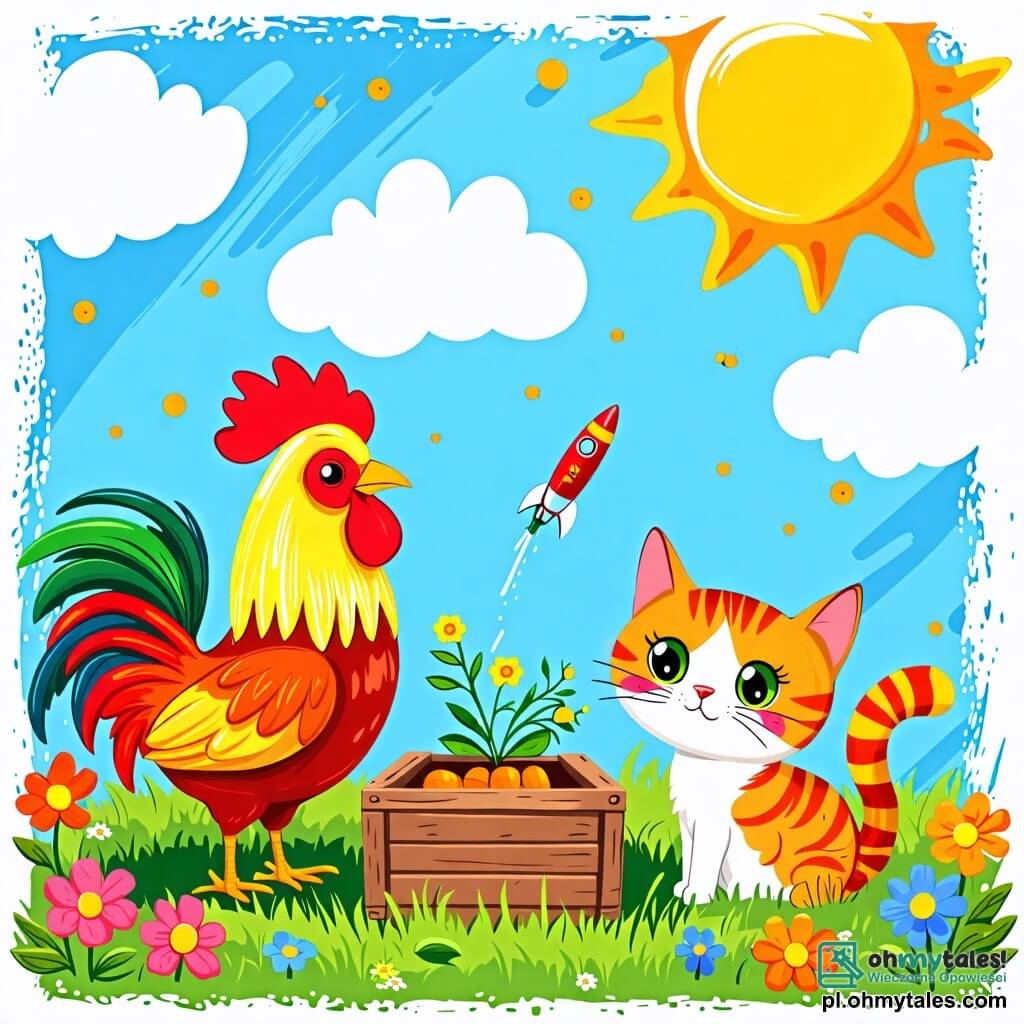 Une illustration sous forme de dessin destinée aux enfants représentant un charmant jardin ensoleillé, avec un coq aux plumes brillantes et colorées, sautillant joyeusement près d'une vieille boîte en bois, tandis qu'un chat tigré aux yeux malicieux l'observe en s'étirant sur l'herbe, le tout capturant l'instant où le coq propose de construire une fusée en utilisant des branches et des carottes, entouré de fleurs éclatantes et d'un ciel bleu parsemé de nuages duveteux.