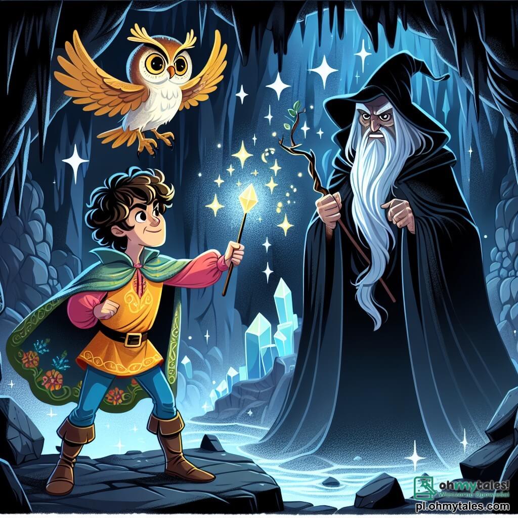 Une illustration sous forme de dessin destinée aux enfants représentant une scène magique dans une jaskinia sombre et mystérieuse, où un homme au visage déterminé, aux cheveux bouclés et à la tunique colorée, brandit une baguette scintillante face à un sorcier maléfique, grand et menaçant, avec une longue cape noire et des yeux perçants, tandis qu'une chouette sage, aux plumes dorées, survole la scène en lançant un regard encourageant, le tout baigné dans une lumière féerique émanant d'un cristal magique, symbolisant la lutte entre le bien et le mal.