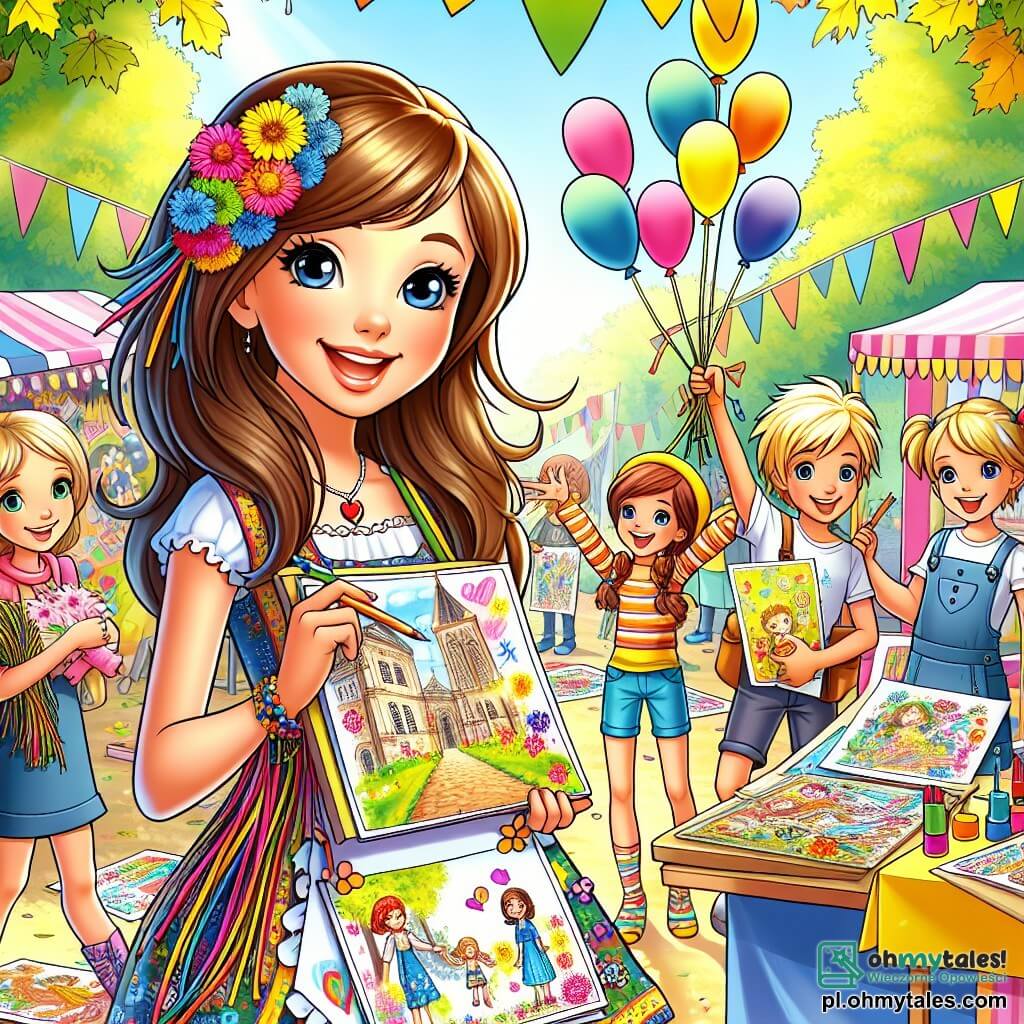 Une illustration sous forme de dessin destinée aux enfants représentant une scène vibrante dans un parc ensoleillé, où une jeune fille aux longs cheveux bruns, portant une robe colorée, sourit joyeusement en tenant des dessins et des brins de fleurs, tandis qu'un groupe d'enfants, dont un garçon aux cheveux blonds et une fille aux couettes, l'entoure avec enthousiasme, tous préparant un bazar caritatif pour aider les familles dans le besoin, avec des étals décorés de couleurs vives et des ballons flottants dans l'air, symbolisant l'espoir et la solidarité en période de guerre.