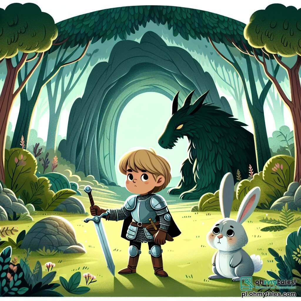 Une illustration sous forme de dessin destinée aux enfants représentant une vaste forêt verdoyante avec des arbres majestueux et une lumière douce filtrant à travers le feuillage, au premier plan un jeune chevalier courageux, un garçon en armure brillante, tenant une épée avec détermination, à ses côtés un petit lapin aux grandes oreilles, un personnage secondaire au pelage doux et aux yeux pétillants, qui regarde avec espoir, tandis qu'ils se tiennent devant l'entrée d'une jaskinia sombre et mystérieuse, où se cache une grande créature au regard triste, illustrant le moment où le chevalier et le lapin décident d'aider la bête affamée au lieu de la combattre.