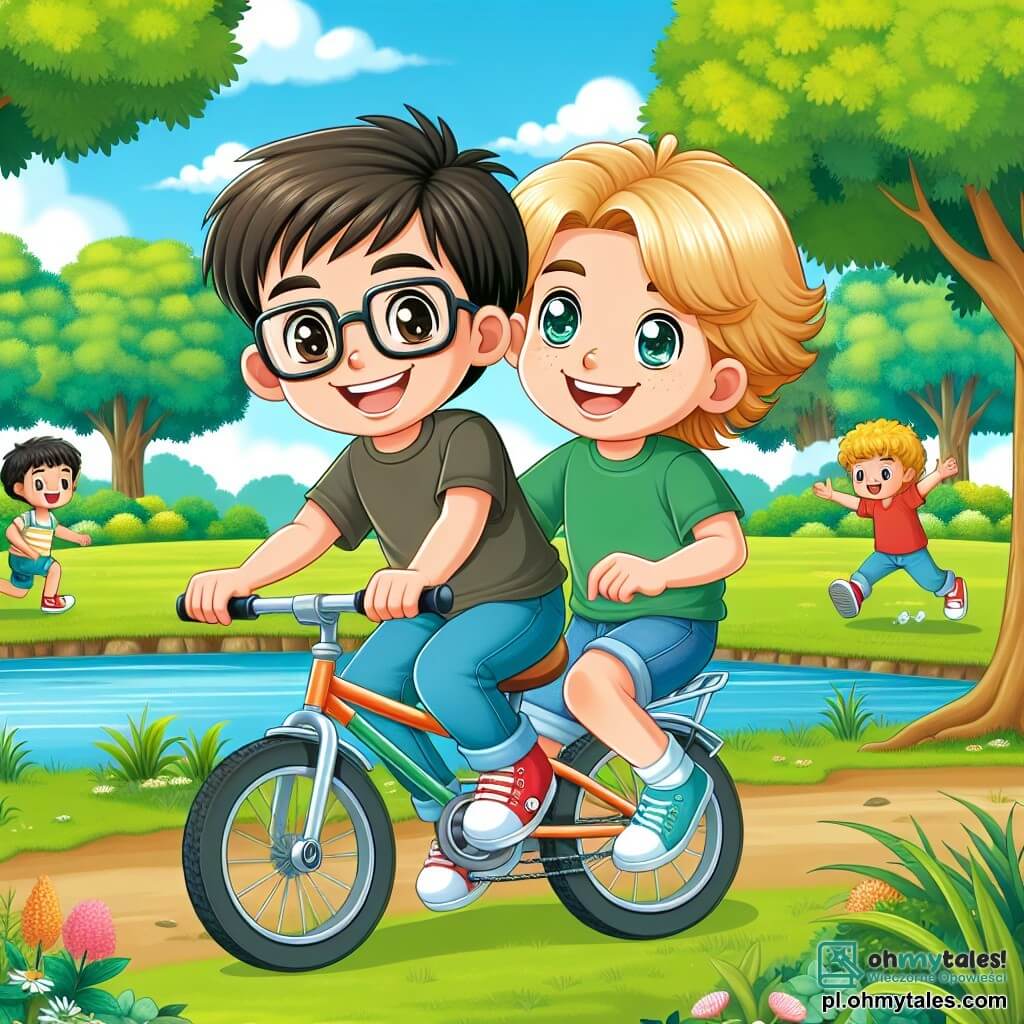 Une illustration sous forme de dessin destinée aux enfants représentant un parc ensoleillé avec des arbres verdoyants et un petit étang, où un garçon de 11 ans aux cheveux bruns et aux lunettes, souriant et enthousiaste, pédale sur son vélo aux côtés de son ami, un garçon aux cheveux blonds et aux yeux pétillants, tous deux profitant d'une journée de plein air, tandis qu'en arrière-plan, d'autres enfants jouent joyeusement, illustrant l'idée de s'amuser à l'extérieur plutôt que de rester devant un écran.