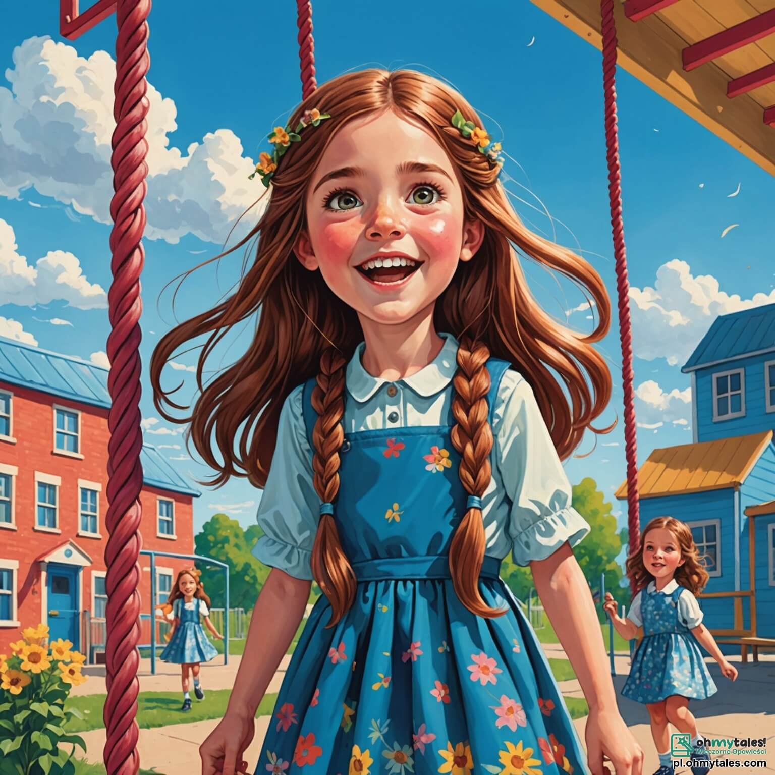 Une illustration destinée aux enfants représentant une petite fille aux longs cheveux châtains, souvent tressés avec soin, dont le regard pétillant de curiosité contraste avec la tristesse qui s'installe dans ses yeux lorsqu'elle se retrouve seule dans la cour de récréation d'une école colorée, entourée de murs peints en bleu ciel et de balançoires grinçantes, tandis que deux autres filles aux rires moqueurs, vêtues de jupes à fleurs et de t-shirts aux couleurs vives, chuchotent derrière elle, la faisant se sentir invisible et isolée, alors qu'elle rêve de partager ses magnifiques dessins de fleurs et d'animaux avec des amis qui l'accepteraient telle qu'elle est.