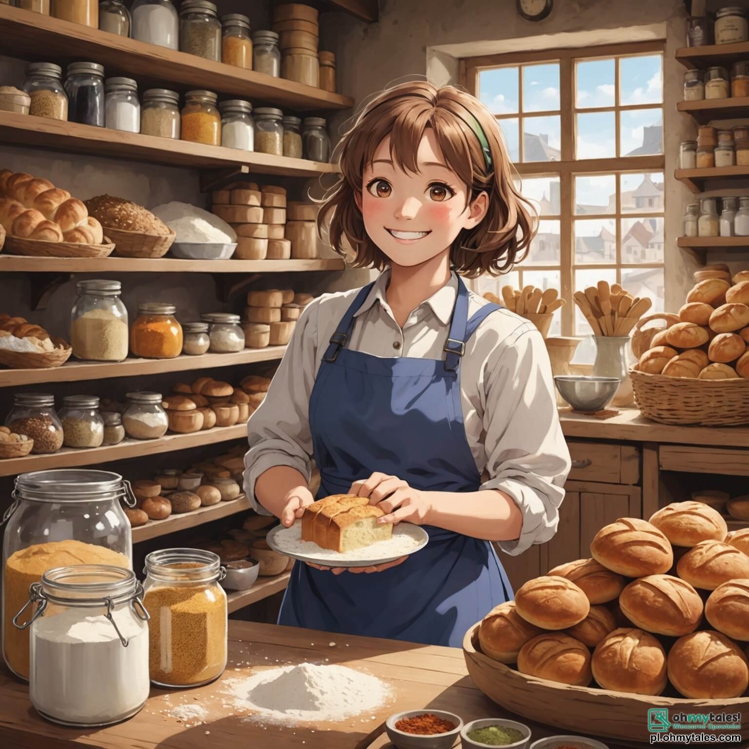 Une illustration destinée aux enfants représentant une femme au sourire chaleureux, les cheveux légèrement ébouriffés par la farine, vêtue d'un tablier coloré et entourée de sacs de farine et de pots d'épices, se tenant au centre d'une boulangerie accueillante où l'air est empli des arômes envoûtants de pain croustillant et de douce pâtisserie, tandis qu'à ses côtés, un petit garçon aux yeux pétillants d'excitation et une petite fille aux boucles dorées, tous deux impatients d'apprendre l'art de la boulangerie, observent avec émerveillement les gestes précis de la boulangère qui façonne la pâte sous la lumière dorée du matin filtrant à travers les grandes fenêtres ornées de rideaux à carreaux, créant une atmosphère chaleureuse et conviviale, pleine de promesses de délices à partager.