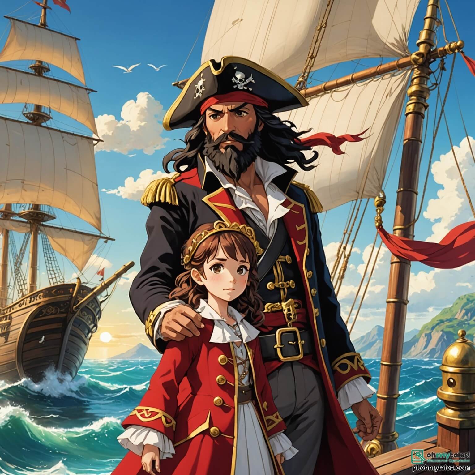 Une illustration destinée aux enfants représentant un audacieux pirate à la longue barbe noire, vêtu d'un manteau en velours rouge orné de dorures, naviguant sur son vieux navire aux voiles blanches qui flottent majestueusement sous le soleil éclatant, tandis qu'une petite fille aux boucles dorées, pleine de courage et de détermination, se tient à ses côtés, prête à l'accompagner dans une quête palpitante à la recherche d'un trésor légendaire sur une île mystérieuse, entourée de palmiers verdoyants, de plages de sable doré et de vagues turquoise qui s'écrasent doucement contre les rochers, tandis qu'un petit chien espiègle, aux yeux pétillants de malice, court autour d'eux, ajoutant une touche de joie à cette aventure maritime.