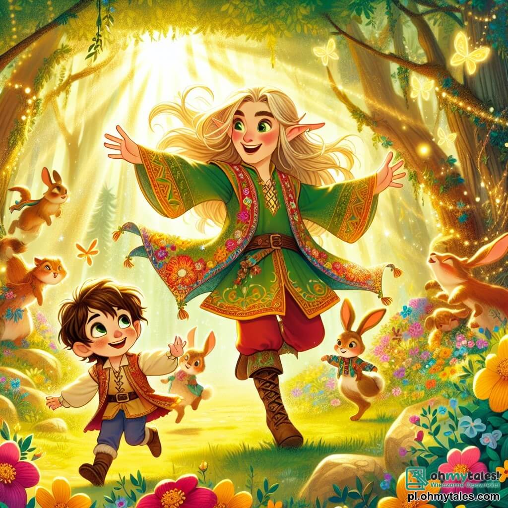 Une illustration sous forme de dessin destinée aux enfants représentant une clairière enchantée dans un forêt magique, baignée de lumière dorée, où un elfe aux longs cheveux verts et aux oreilles pointues, vêtu d'une tunique colorée, danse joyeusement parmi des fleurs éclatantes, tandis qu'un petit garçon aux yeux pétillants et une expression émerveillée le regarde, entouré de créatures rigolotes comme des lapins dansants et des oiseaux chantants, illustrant l'instant où ils découvrent la magie de l'amitié et des aventures dans leur quête pour trouver la mystérieuse fin de la tęcza.