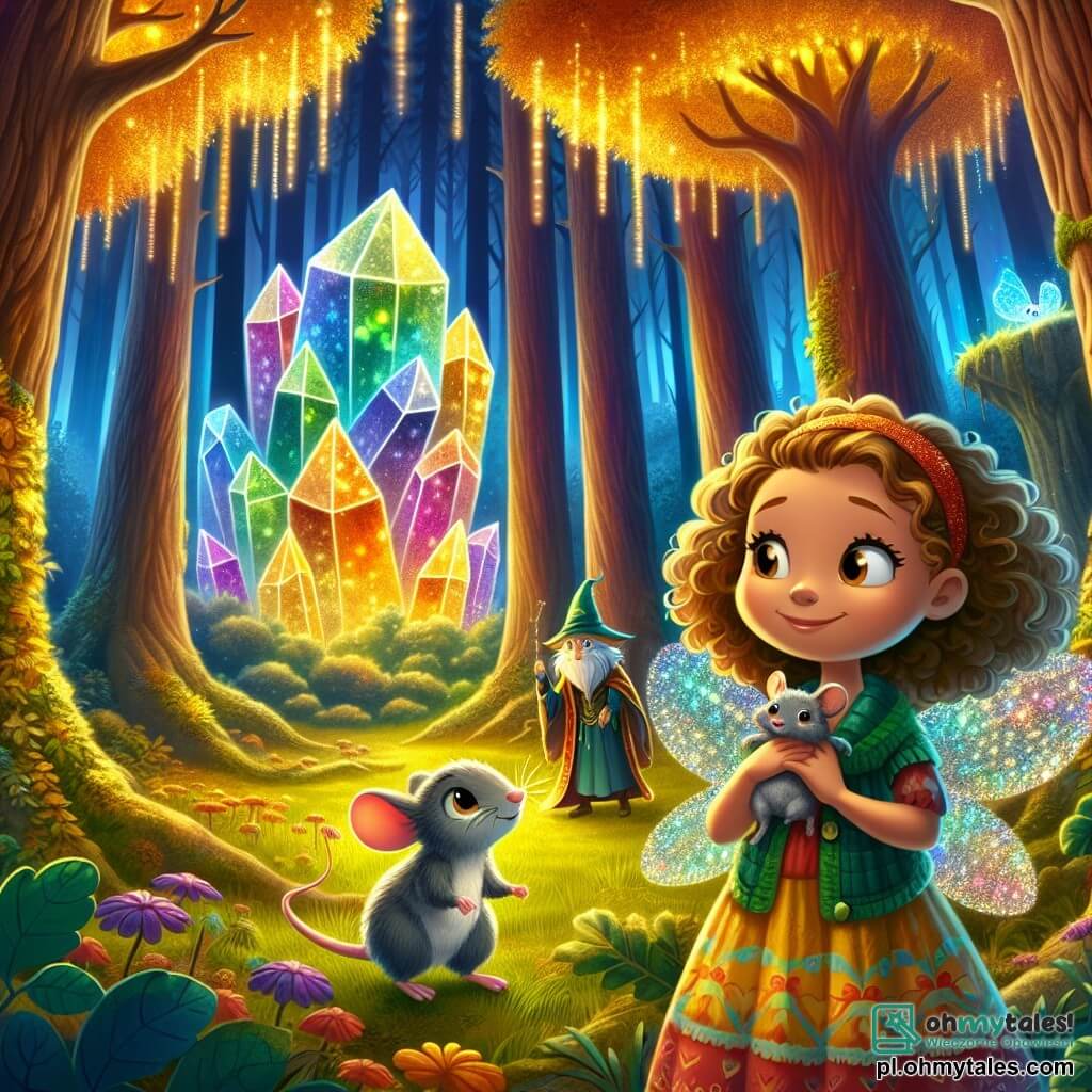 Une illustration sous forme de dessin destinée aux enfants représentant une forêt enchantée aux arbres gigantesques aux feuilles dorées, où une fille de 7 ans aux cheveux bouclés et à la robe colorée, tenant une petite souris grise dans sa main, se tient devant un immense cristal brillant qui émet des lumières multicolores, tandis qu'un petit être vert aux ailes scintillantes, le gardien de la forêt, les observe avec un sourire encourageant, alors qu'ils se préparent à affronter un sorcier maléfique pour sauver la magie de leur monde.