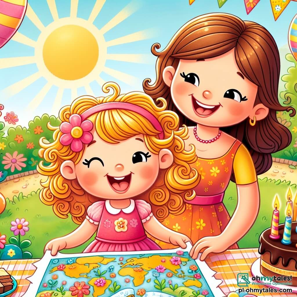 Une illustration sous forme de dessin destinée aux enfants représentant un jardin ensoleillé, avec une petite fille de 5 ans aux cheveux bouclés et dorés, vêtue d'une robe rose, qui sourit joyeusement en tenant une carte colorée dans ses mains, tandis qu'à côté d'elle se tient une femme aux cheveux bruns, souriante, qui prépare un gâteau au chocolat sur une table décorée de fleurs, le tout évoquant une ambiance festive pour la fête des pères, avec des ballons et des guirlandes en arrière-plan.