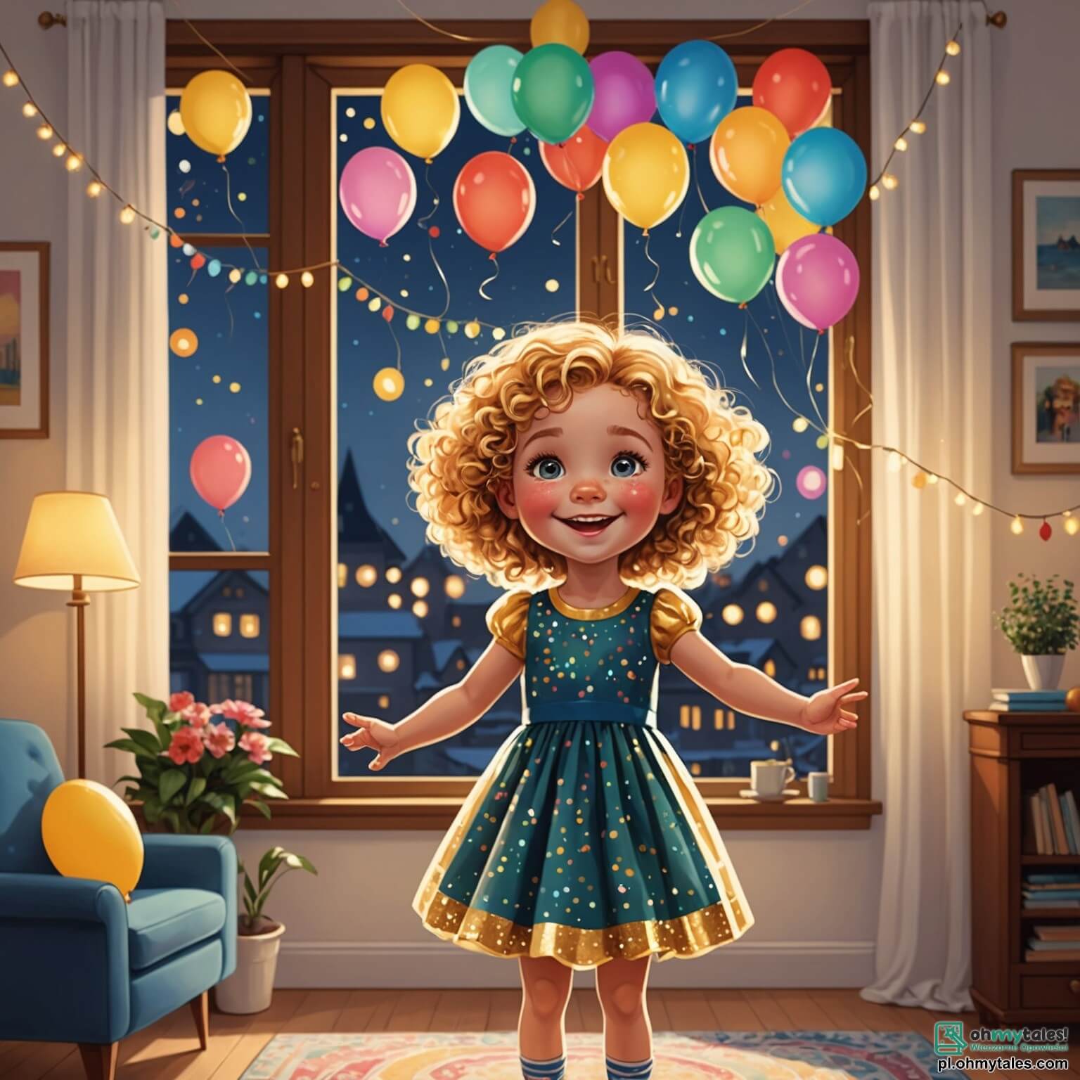 Une illustration destinée aux enfants représentant une petite fille aux boucles dorées et aux yeux pétillants d'excitation, vêtue d'une robe colorée ornée de paillettes scintillantes, se tenant devant une grande fenêtre d'un chaleureux salon décoré de guirlandes lumineuses et de ballons multicolores, où la famille, composée de son papa jovial, de sa maman souriante et de ses grands-parents bienveillants, se prépare à célébrer la fête du Nouvel An avec des mets savoureux et des rires éclatants, tandis qu'à l'extérieur, le ciel s'illumine de feux d'artifice éclatants, promettant des rêves et des aventures magiques pour l'année à venir.