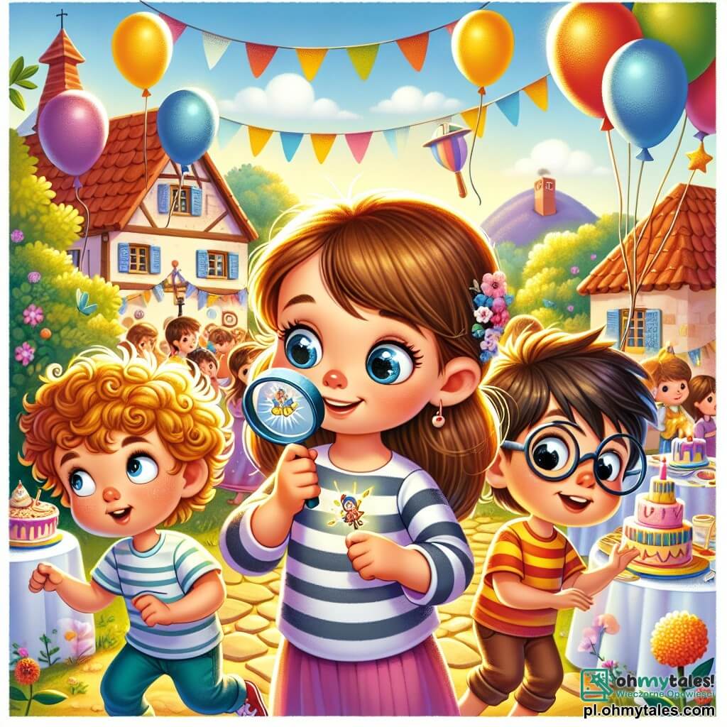 Une illustration sous forme de dessin destinée aux enfants représentant un festin coloré dans un petit village ensoleillé, avec un garçon de 5 ans aux cheveux châtains et aux yeux pétillants, portant un t-shirt rayé et tenant une loupe, en train d'examiner une petite broche en forme d'étoile, tandis qu'à ses côtés se trouvent une fille aux cheveux bouclés et un garçon aux lunettes rondes, tous deux curieux et attentifs, cherchant des indices pour retrouver une petite fée disparue au milieu des ballons et des rires des enfants qui s'amusent autour d'eux.