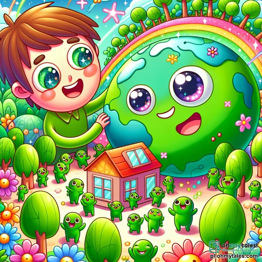 Une illustration sous forme de dessin destinée aux enfants représentant une planète verdoyante aux arbres colorés et aux fleurs dansantes, avec un homme aux cheveux bruns et aux yeux pétillants, souriant joyeusement alors qu'il joue avec des petites créatures vertes aux grands yeux ronds et souriants, qui l'entourent en riant, tandis qu'ils construisent ensemble une maison colorée, symbolisant l'amitié et la coopération dans un univers fantastique de voyages spatiaux.