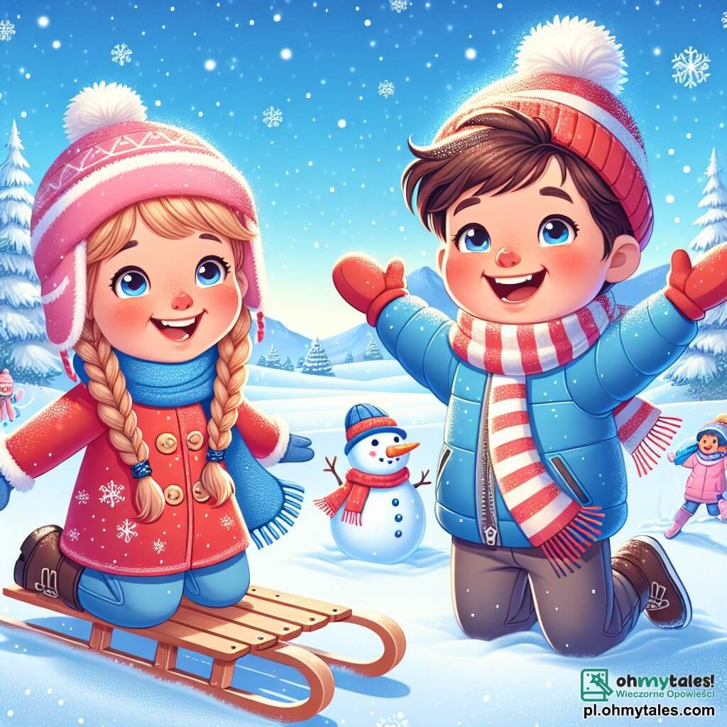 Une illustration sous forme de dessin destinée aux enfants représentant un paysage hivernal féerique, avec un vaste champ de neige scintillante sous un ciel bleu clair, où un garçon de 9 ans aux cheveux châtains et aux joues rosies par le froid, vêtu d'un manteau rouge vif et d'une écharpe rayée, s'apprête à glisser sur ses sanques avec un grand sourire, tandis qu'à ses côtés, une fille aux cheveux blonds tressés, portant une combinaison de ski rose, l'encourage en levant les bras, et un autre garçon aux cheveux bruns, habillé d'une veste bleue, s'amuse à construire un bonhomme de neige à proximité, créant une ambiance joyeuse et ludique de camaraderie hivernale.
