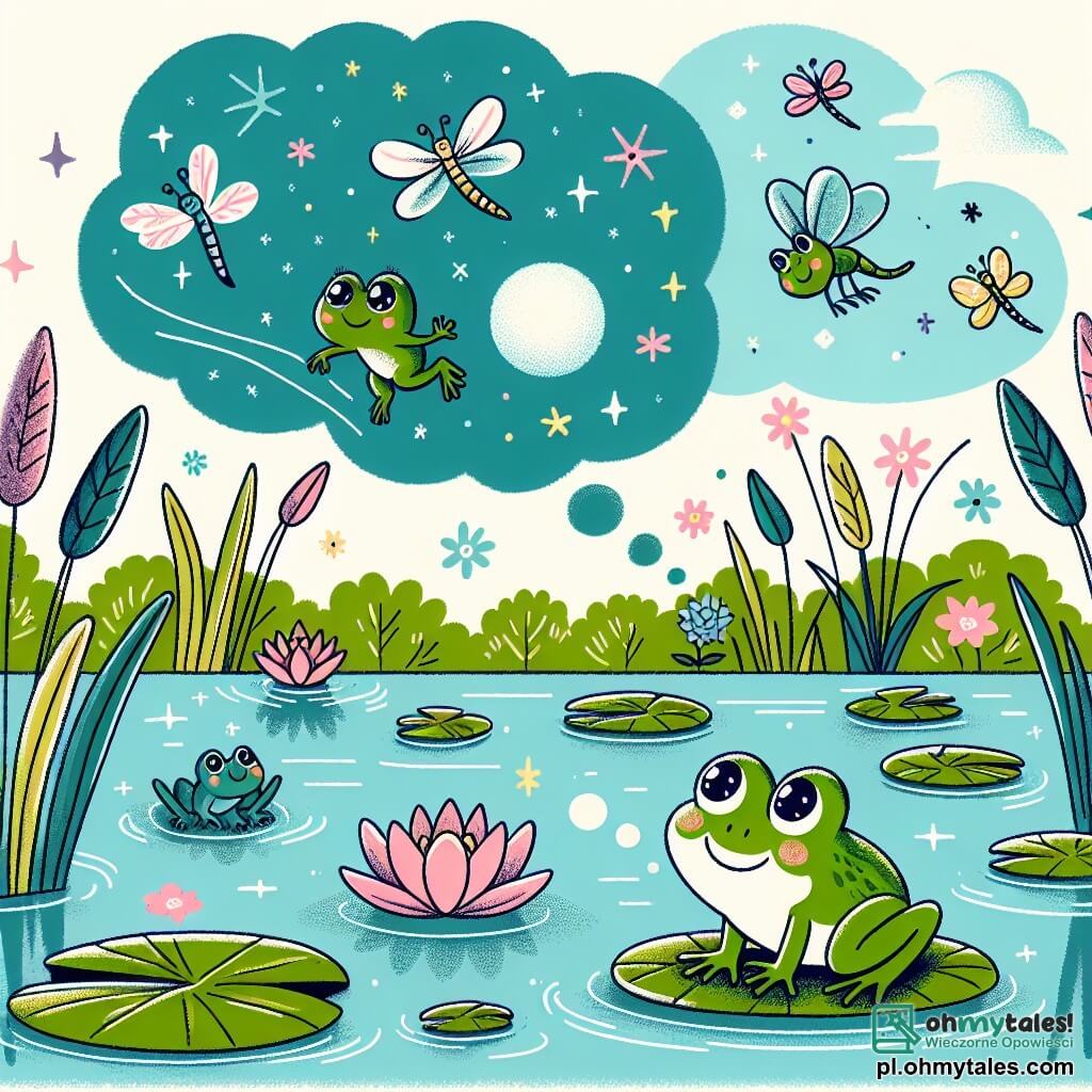 Une illustration sous forme de dessin destinée aux enfants représentant un paisible étang entouré de nénuphars et de roseaux, où une petite grenouille verte aux yeux pétillants, sautillant joyeusement sur le bord de l'eau, rêve de s'envoler vers le ciel étoilé, tandis qu'en arrière-plan, des libellules colorées virevoltent et un groupe de grenouilles amies l'encourage en chantant, créant une atmosphère magique et pleine d'espoir.