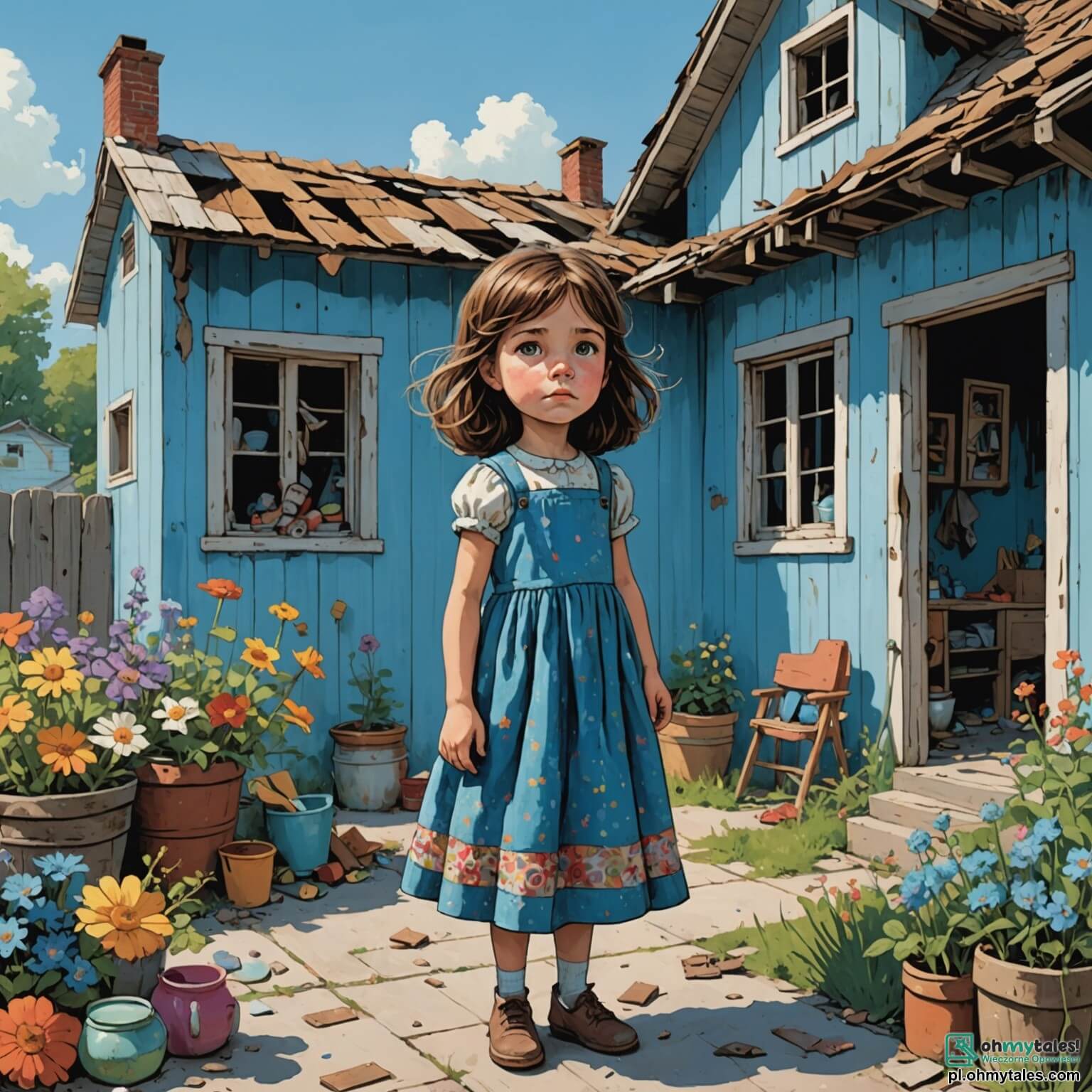 Une illustration destinée aux enfants représentant une petite fille aux cheveux bruns en bataille, vêtue d'une robe en tissu usé aux motifs colorés, se tenant devant une modeste maison aux murs bleus écaillés, entourée de fleurs fanées et de jouets cassés, tandis qu'elle rêve d'un monde où chaque enfant pourrait avoir un repas chaud, aux côtés de sa maman, une femme au visage marqué par le travail acharné et la fatigue, qui s'efforce de lui offrir un peu de bonheur malgré les difficultés, dans un petit village où les ruelles sont pavées de pierres inégales et où les rires des enfants se mêlent aux murmures de la pauvreté ambiante.