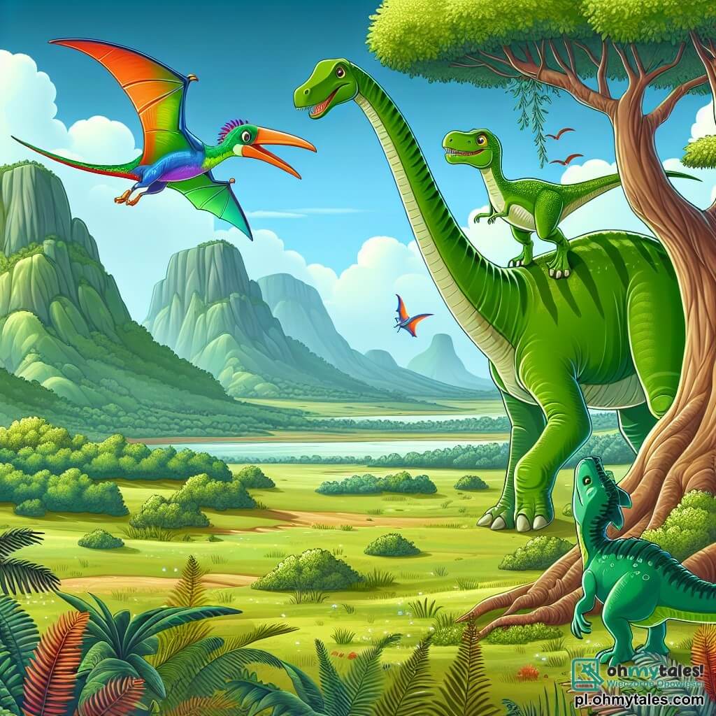 Une illustration sous forme de dessin destinée aux enfants représentant une vaste et verdoyante plaine préhistorique, où un majestueux diplodocus à la peau verte et au long cou se penche pour atteindre les feuilles d'un arbre géant, tandis qu'un petit pterozaur aux ailes colorées vole joyeusement autour de lui, et un jeune t-rex au regard curieux les observe depuis un buisson, tous trois unis dans une quête d'aventure à la recherche d'un mystérieux trésor caché.