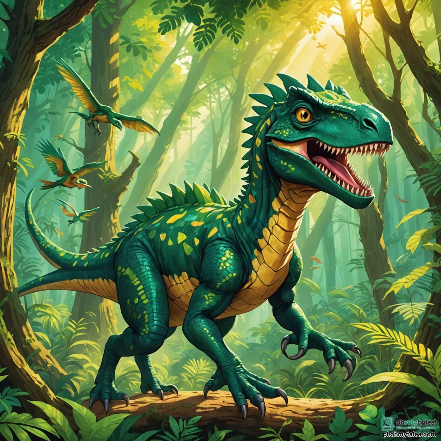 Une illustration destinée aux enfants représentant un vélociraptor espiègle aux écailles vert émeraude scintillantes, bondissant avec agilité à travers une forêt luxuriante où les rayons dorés du soleil filtrent à travers les feuillages denses, entouré de ses amis, un triceratops au regard curieux et un pterodactyle aux ailes colorées, alors qu'ils partent à l'aventure pour découvrir un arbre majestueux aux fruits éclatants de couleurs vives, tout en évitant un tyrannosaure imposant qui rôde dans l'ombre des grands arbres, créant une atmosphère à la fois excitante et pleine de mystère.