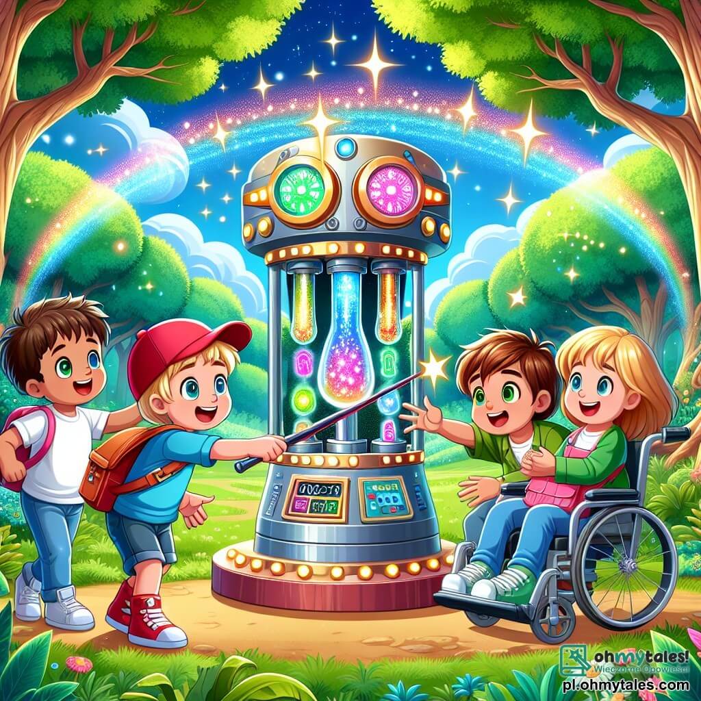 Ilustracja przedstawiająca magiczną scenę w zielonym parku, gdzie duże drzewa z błyszczącymi zielonymi liśćmi otaczają kolorową maszynę przypominającą różdżkę, z migoczącymi światłami. Na środku pięcioletni chłopiec w czerwonej czapce z zachwytem patrzy na maszynę, jego oczy błyszczą ciekawością. Obok niego pięcioletnia dziewczynka z długimi blond włosami i promiennym uśmiechem wskazuje na maszynę, pełna ekscytacji. Pięcioletni chłopiec na wózku inwalidzkim radośnie się uśmiecha, podczas gdy dwóch braci, jeden pięcioletni z brązowymi włosami, a drugi z blond włosami, trzymają się za ręce, nie mogąc się doczekać, co maszyna im ujawni. Główna sytuacja pokazuje dzieci gotowe do aktywacji maszyny, aby rozpocząć swoją podróż w czasie, otoczone żywymi kolorami i atmosferą przygody. Dodatkowe elementy graficzne to migoczące gwiazdy wokół maszyny i jasnoniebieskie niebo, symbolizujące magię i wyobraźnię.