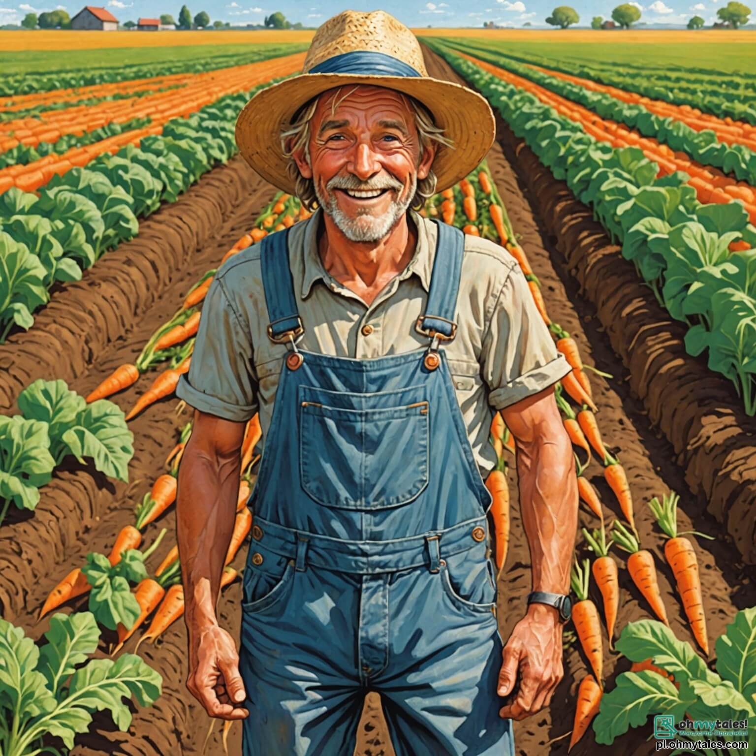Une illustration destinée aux enfants représentant un homme jovial au visage buriné, vêtu d'une salopette en denim usée et d'un chapeau de paille, se tenant fier au milieu de son vaste et coloré champ de légumes, où des rangées de carottes orange vif émergent de la terre brune comme des petits trésors, tandis qu'à ses côtés, une fille aux cheveux blonds tressés, pleine d'énergie et de curiosité, et un garçon aux yeux pétillants, débordant d'enthousiasme, l'aident à nourrir des vaches brunes aux taches blanches qui paissent paisiblement dans un pré verdoyant, entouré de fleurs sauvages éclatantes et d'un ciel bleu azur parsemé de nuages cotonneux, créant ainsi une scène bucolique et chaleureuse où l'amitié et le travail de la terre s'entrelacent.