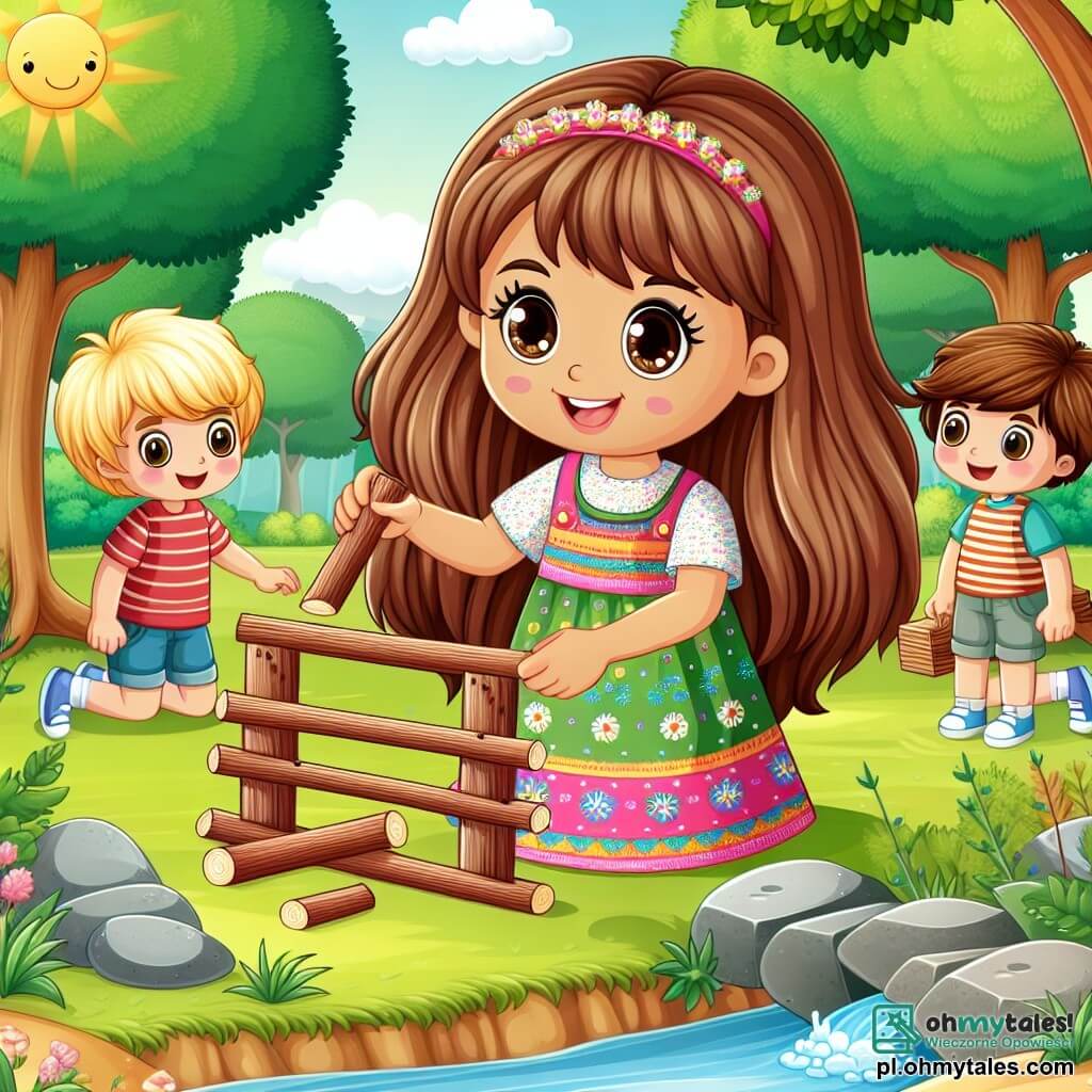 Une illustration sous forme de dessin destinée aux enfants représentant un parc ensoleillé avec des arbres verdoyants et un petit ruisseau, où une fille de 7 ans aux longs cheveux bruns et aux yeux pétillants, vêtue d'une robe colorée, est en train de construire un pont en bois avec des branches et des pierres, tandis que deux de ses amis, un garçon aux cheveux blonds et un autre garçon aux cheveux bruns, l'observent avec curiosité et enthousiasme, illustrant ainsi l'importance de l'égalité des genres et du travail d'équipe dans la réalisation de leurs rêves.