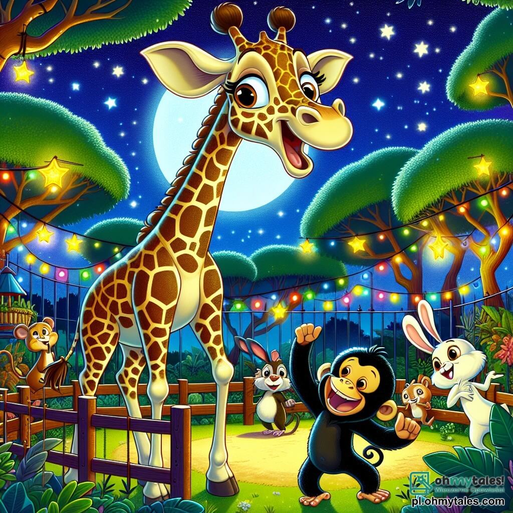 Ilustracja przedstawiająca żywą scenę w kolorowym zoo, z wybiegami wypełnionymi bujną zielenią i migoczącymi światłami pod gwiaździstym niebem. W centrum majestatyczna żyrafa z długą szyją w brązowe i kremowe plamy, stojąca na eleganckich nogach, z szerokim uśmiechem na twarzy, obserwująca swoich zwierzęcych przyjaciół zgromadzonych wokół niej. Obok niej figlarna małpka z błyszczącymi oczami i rozczochranymi włosami, wspinająca się na niską gałąź, oraz mały królik z dużymi białymi uszami, skaczący radośnie, gotowy do zabawy. Żyrafa wydaje się podekscytowana, podnosząc przednią nogę, jakby zachęcała swoich przyjaciół do wspólnej zabawy. W tle drzewa o jaskrawych liściach i kolorowe lampiony dodają festiwalowego klimatu tej nocy pełnej śmiechu i przyjaźni.