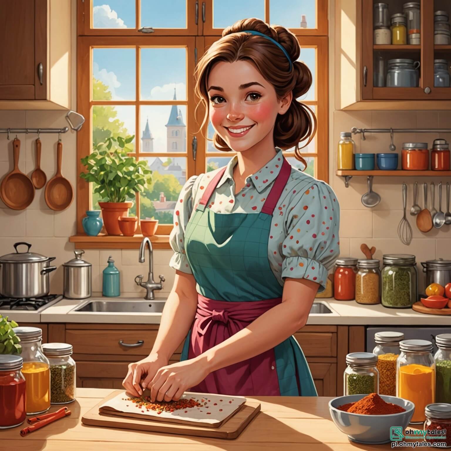 Une illustration destinée aux enfants représentant une femme au sourire chaleureux, avec de longs cheveux bruns soigneusement relevés en un élégant chignon, vêtue d'un joli tablier coloré, se tenant au milieu d'une cuisine lumineuse et accueillante, où les murs sont ornés de pots d'épices colorés et de tableaux de recettes, tandis que des rayons de soleil filtrent à travers de grandes fenêtres, illuminant les plans de travail en bois où elle prépare avec passion une délicieuse pizza, entourée de deux enfants enthousiastes, un garçon aux yeux pétillants et une fille aux couettes rebondissantes, qui l'aident à couper des légumes frais et à mélanger des ingrédients, tous trois plongés dans une joyeuse aventure culinaire pleine de rires et de découvertes.