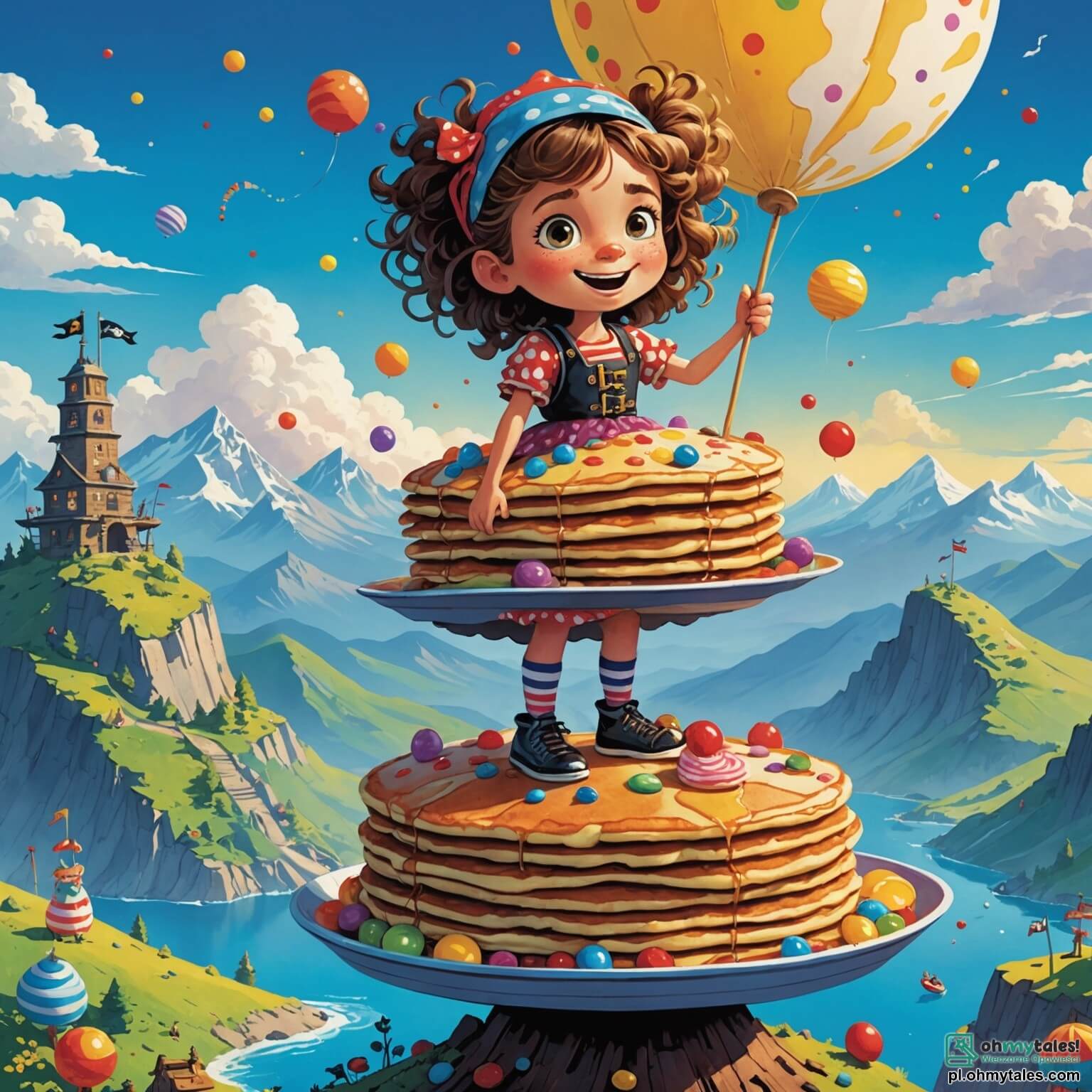 Une illustration destinée aux enfants représentant une fille aux cheveux en bataille, portant une robe à pois multicolores et des chaussettes dépareillées, se tenant au sommet d'une montagne de crêpes géantes qui s'étendent à perte de vue sous un ciel en spirale de couleurs vives, tandis qu'un chat en costume de pirate, à l'air malicieux, navigue sur un bateau fait de bonbons en contrebas, dans un monde où la logique s'est échappée par la fenêtre.