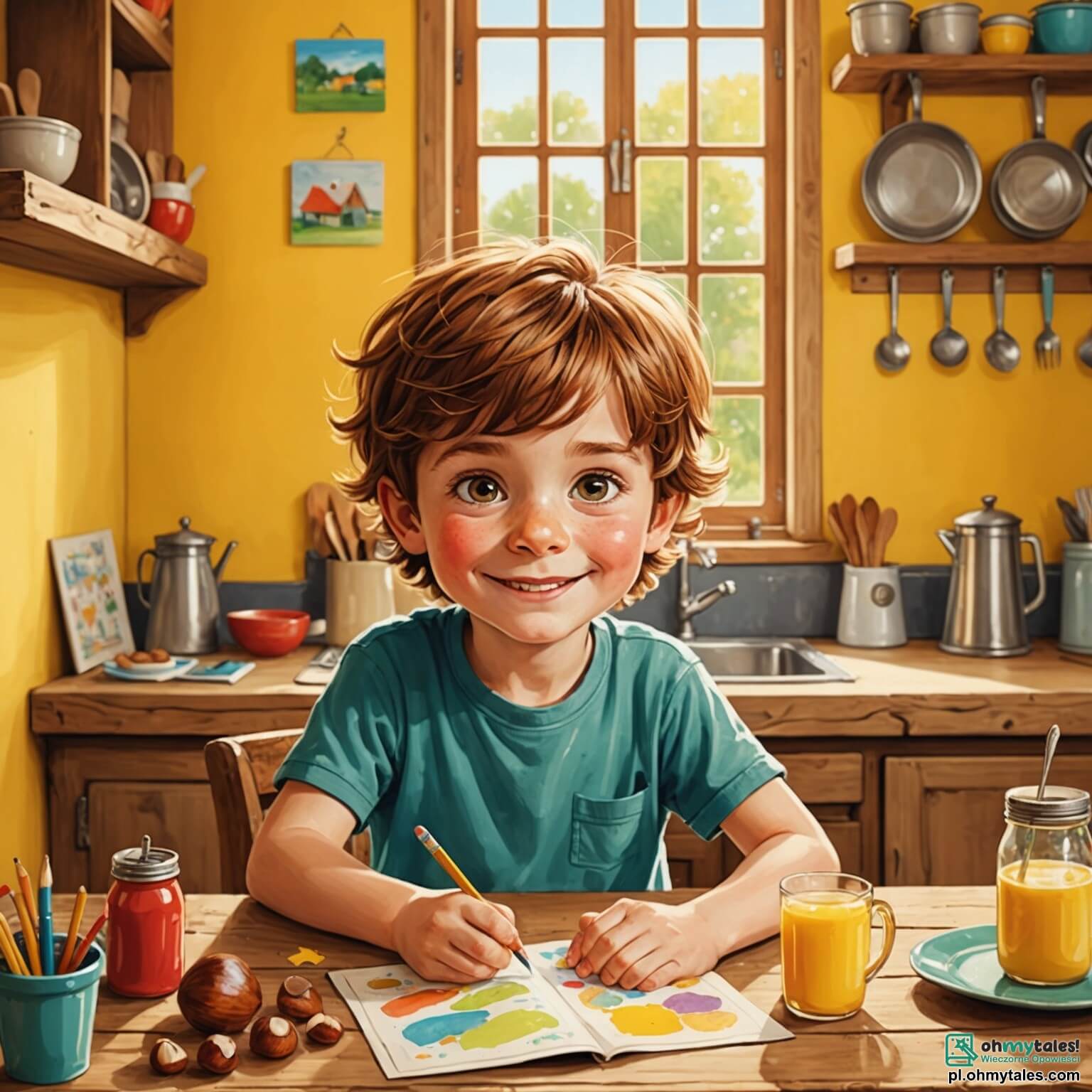 Une illustration destinée aux enfants représentant un petit garçon aux cheveux châtains et aux yeux pétillants de curiosité, assis à une table en bois rustique dans une cuisine chaleureuse aux murs jaunes ornés de dessins colorés, où il tente de rassembler sa famille, composée de sa maman au sourire doux et de son papa au regard bienveillant, pour les inciter à passer un moment joyeux ensemble, tout en se sentant un peu triste et inquiet à cause des disputes qui résonnent parfois dans cette maison pleine de rires et d'amour.