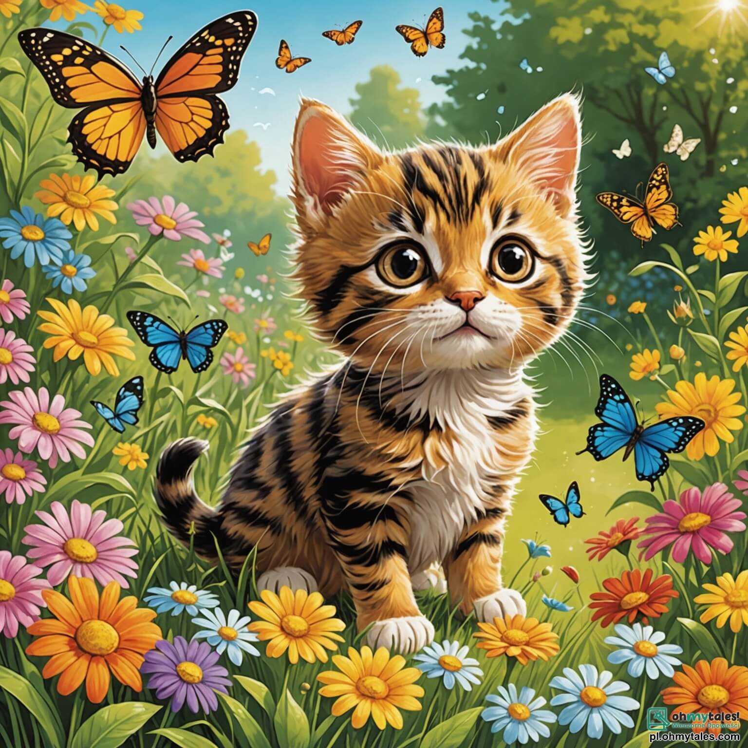 Une illustration destinée aux enfants représentant un chaton espiègle, aux yeux pétillants et au pelage tigré, qui se retrouve dans un jardin ensoleillé rempli de fleurs colorées et de papillons virevoltants, tandis qu'un chien joyeux, à la fourrure dorée et à la queue frétillante, l'observe avec curiosité, tous deux prêts à vivre une aventure amusante ensemble.