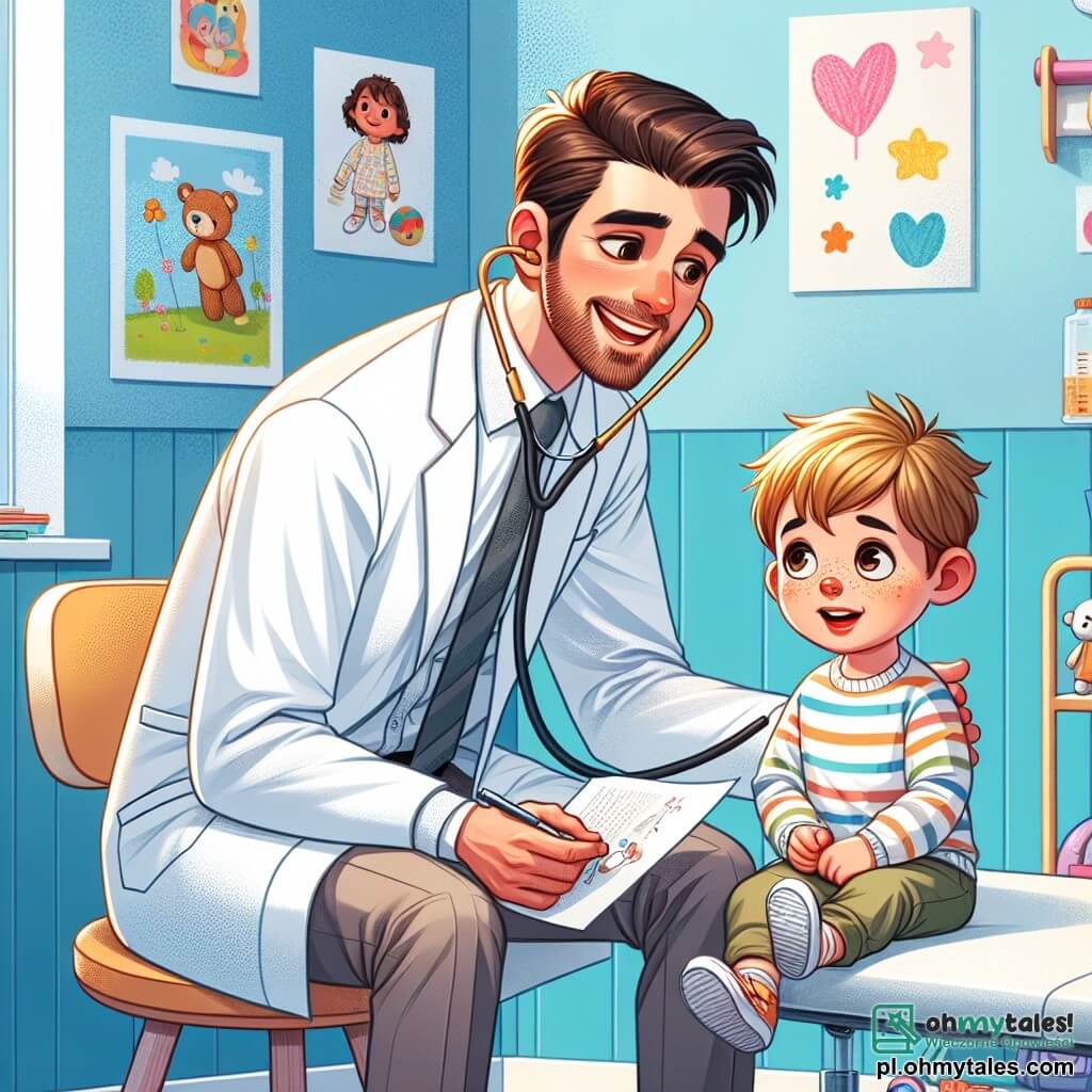 Ilustracja przedstawiająca ciepłą i kolorową klinikę, z jasnoniebieskimi ścianami i dekoracjami rysunków dzieci powieszonymi na ścianach. Na środku uśmiechnięty mężczyzna w wieku około trzydziestu lat, ubrany w nieskazitelnie białą odzież, z brązowymi włosami i starannie przystrzyżoną brodą, pochyla się nad małym chłopcem. Chłopiec, mający około pięciu lat, z okrągłymi policzkami, rozczochranymi blond włosami i czerwonym nosem, siedzi na miękkim fotelu, wyglądając nieco zaniepokojony, ale ciekawy. Mężczyzna, z życzliwym spojrzeniem, uważnie słucha chłopca, trzymając w rękach stetoskop. W tle widać kolorowe zabawki i książki dla dzieci, co dodaje atmosferze radosnego klimatu. Chłopiec trzyma małą kartkę papieru z rysunkiem, podczas gdy lekarz z uśmiechem wyjaśnia mu, jak pomoże mu poczuć się lepiej.