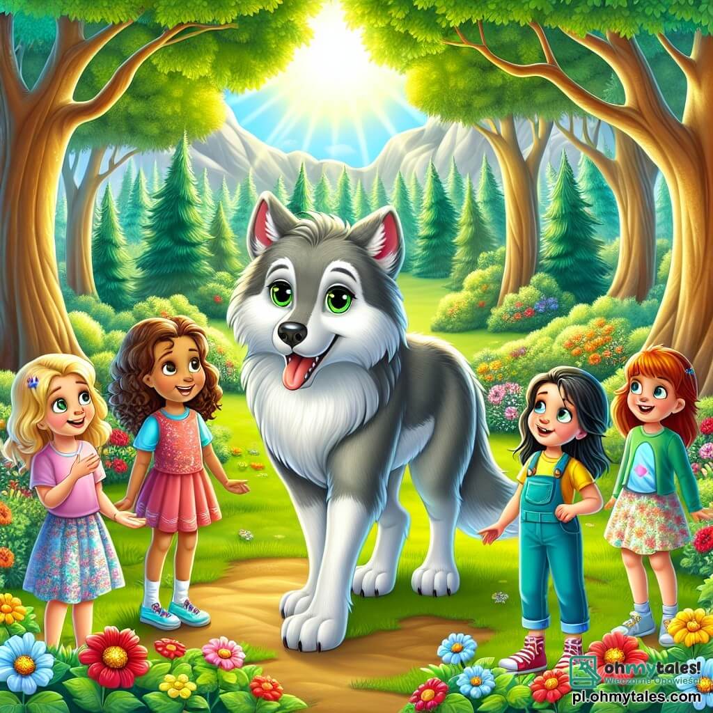 Ilustracja przedstawiająca magiczną scenę na słonecznej polanie w sercu gęstego lasu. Majestatyczne drzewa o grubych pniach i jaskrawozielonych liściach tworzą naturalne tło, podczas gdy kolorowe kwiaty rozsiane po ziemi dodają radości. Na środku sceny stoi duży szary wilk z błyszczącym futrem i przenikliwymi zielonymi oczami, prezentując przyjazny i ciekawski wyraz. Obok niego znajduje się pięć dziewczynek w wieku około 8-10 lat: jedna ma blond włosy i różową sukienkę, inna ma brązowe włosy i niebieską koszulkę, trzecia ma rude włosy i spódniczkę w kwiaty, czwarta ma czarne włosy i zielony ogrodniczki, a ostatnia ma kasztanowe włosy i żółty sweter. Patrzą na wilka z zachwytem, niektóre się uśmiechają, inne mają okrągłe oczy z ekscytacji. Główna sytuacja pokazuje dziewczynki i wilka radośnie rozmawiających, symbolizując rodzącą się przyjaźń. Promienie słońca filtrują się przez gałęzie, oświetlając scenę delikatnym złotym światłem. W tle kolorowe ptaki latają po niebieskim niebie, a błyszczący strumyk wije się przez polanę, dodając spokojnej i zaczarowanej atmosfery do tego niespodziewanego spotkania.