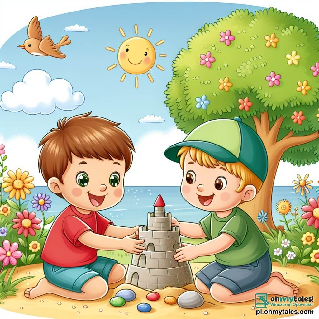 Une illustration sous forme de dessin destinée aux enfants représentant un jardin ensoleillé avec des fleurs colorées et un grand arbre, où un garçon de 3 ans aux cheveux bruns et aux yeux pétillants, vêtu d'un t-shirt rouge et d'un short bleu, construit un château de sable avec enthousiasme, tandis qu'un autre garçon de 3 ans aux cheveux blonds et aux yeux clairs, portant une casquette verte et un t-shirt jaune, l'aide en ajoutant des pierres brillantes pour décorer leur œuvre, symbolisant leur amitié et leur collaboration joyeuse.