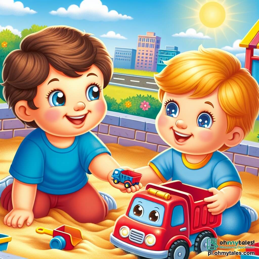 Une illustration sous forme de dessin destinée aux enfants représentant un joyeux parc de jeux ensoleillé, avec une aire de jeux colorée, où un garçon de 2 ans aux cheveux châtains et aux yeux pétillants, souriant et tenant un petit camion rouge, joue dans le sable, tandis qu'un autre garçon de 2 ans aux cheveux blonds et portant un t-shirt bleu, se penche pour lui prêter son joli camion bleu, illustrant ainsi le thème de l'amitié et de la solidarité entre les enfants.