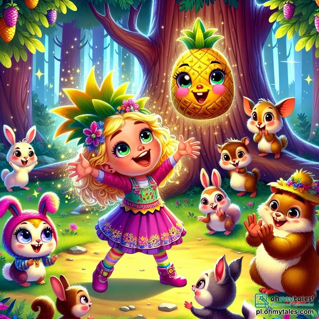Une illustration sous forme de dessin destinée aux enfants représentant une clairière magique dans un forêt enchantée, où une fille de 9 ans aux cheveux dorés en boucles et aux yeux pétillants chante joyeusement devant un immense arbre aux feuilles violettes, tandis qu'un drôle de petit personnage à tête d'ananas, avec un corps en fourrure multicolore, applaudit avec enthousiasme, entouré d'animaux curieux comme un lapin aux grandes oreilles et un écureuil malicieux, tous captivés par la mélodie joyeuse de la fillette qui espère découvrir un trésor caché.