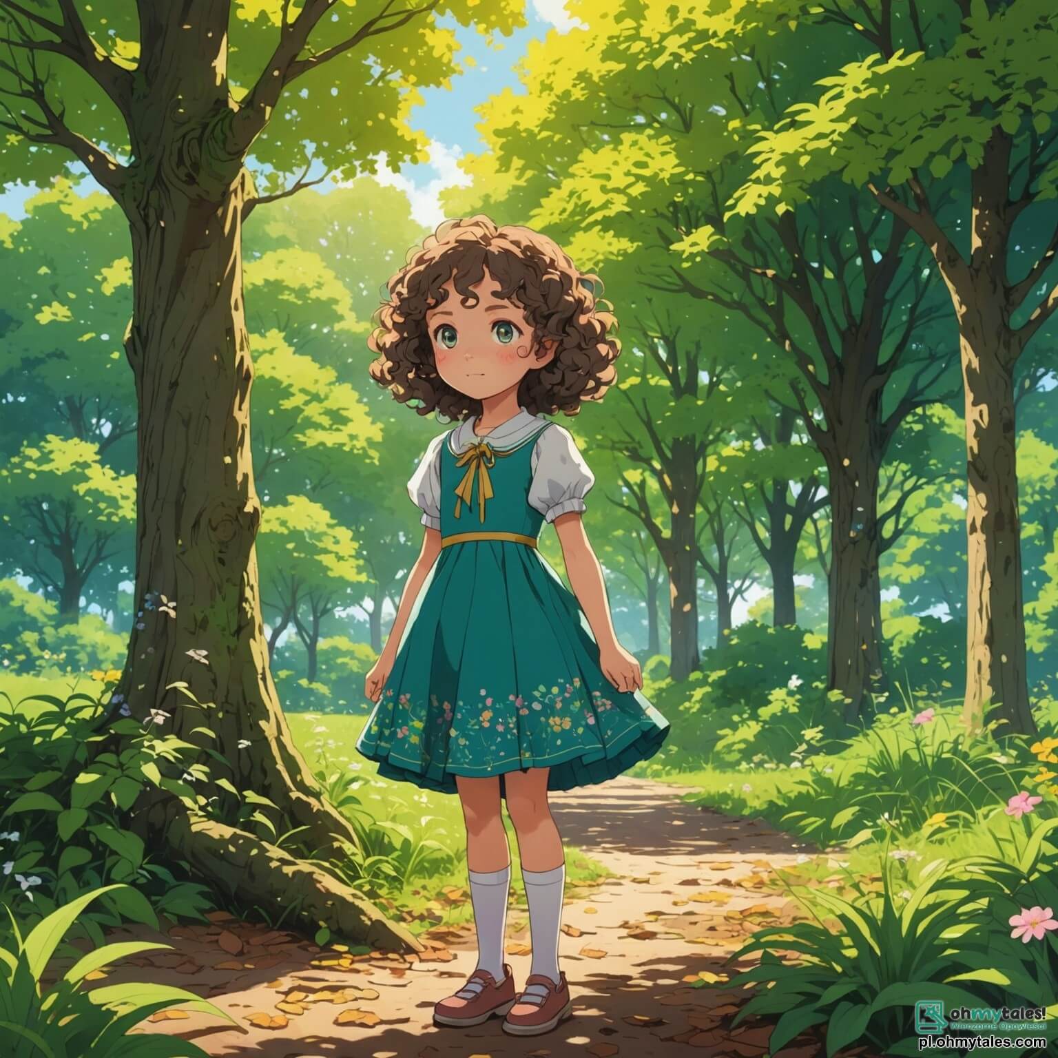 Une illustration destinée aux enfants représentant une fille de 10 ans aux cheveux bouclés et aux yeux pétillants de curiosité, vêtue d'une robe colorée ornée de motifs floraux, se tenant au milieu d'un parc verdoyant où les arbres majestueux, aux feuilles dorées par le soleil, semblent murmurer des secrets de la nature, tandis qu'elle observe avec inquiétude le sol craquelé et les déchets éparpillés autour d'elle, entourée de ses amis, un garçon aux lunettes rondes et une fille aux tresses, qui s'activent à ramasser des ordures et à planter de jeunes arbres, tous déterminés à redonner vie à cet endroit magique, symbole de leur engagement pour lutter contre le changement climatique et préserver la beauté de leur environnement.