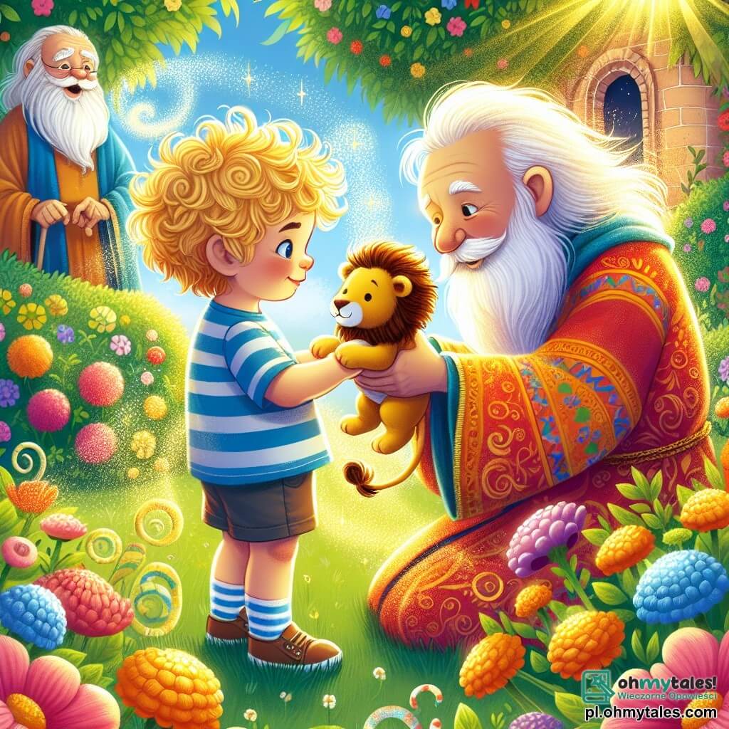 Une illustration sous forme de dessin destinée aux enfants représentant un magnifique jardin ensoleillé, rempli de fleurs colorées et de verdure, où un garçon de 3 ans aux cheveux blonds et bouclés, portant un t-shirt rayé et un short, tient un petit lion en peluche tout en découvrant une mystérieuse enveloppe brillante au milieu de l'herbe, tandis qu'un vieux sage avec une longue barbe blanche et une robe colorée, qui apparaît en arrière-plan, sourit et semble prêt à les emmener dans une aventure à travers le temps.