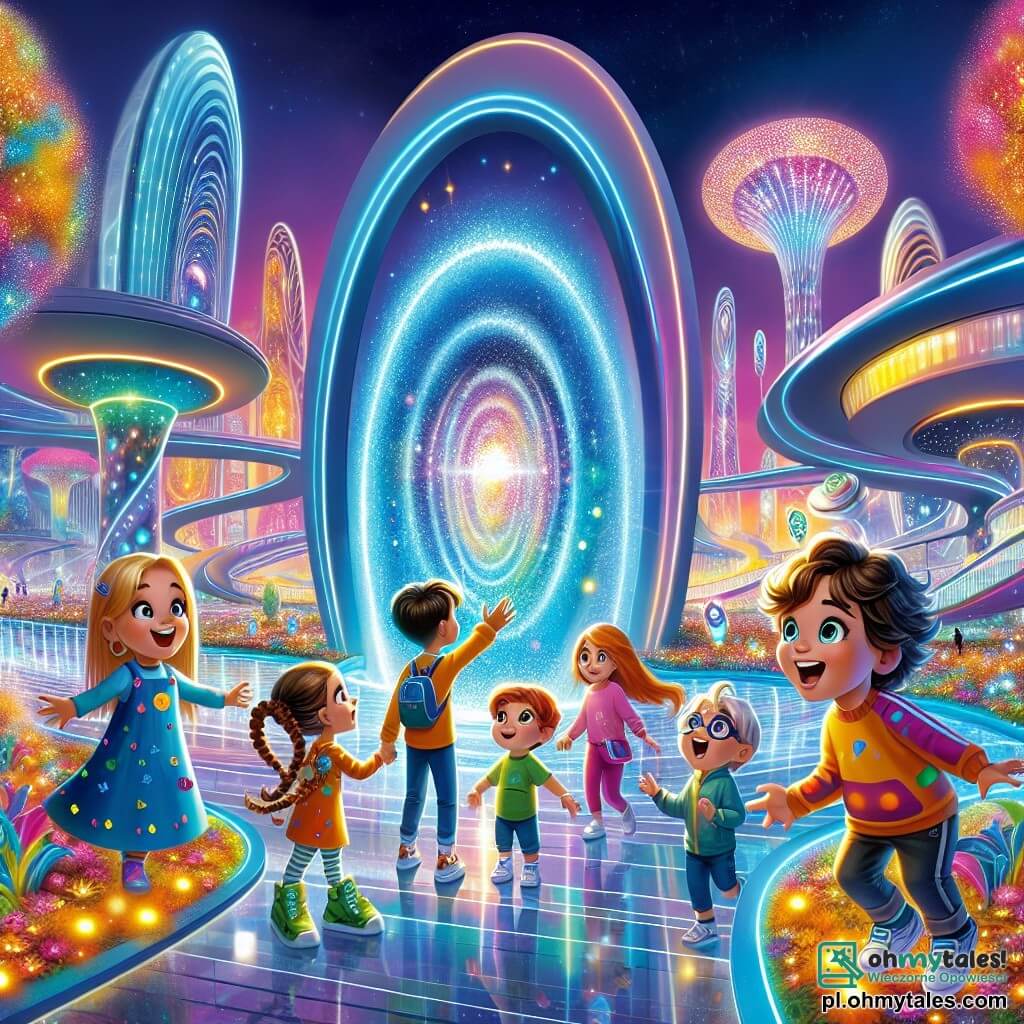 Ilustracja przedstawiająca tętniąca życiem scenę w futurystycznym parku Luminopolis. Park jest wypełniony jaskrawymi kolorami, z świecącymi drzewami o migoczących liściach, wielokolorowymi kwiatami tańczącymi na wietrze i przezroczystymi szklanymi ścieżkami, które lśnią w słońcu. W tle wznoszą się futurystyczne budynki o falistych kształtach, ozdobione neonami i hologramami. Na środku obrazu stoi chłopiec w wieku około czterech lat, z kręconymi włosami i promiennym uśmiechem, który z zachwytem patrzy na świecący portal migoczący tysiącem świateł. Obok niego stoi dziewczynka w wieku około pięciu lat, z długimi warkoczami i kolorową sukienką, która z szerokim uśmiechem podaje mu rękę. Chłopiec w wieku około sześciu lat, w okularach i czapce, z entuzjazmem wskazuje portal, podczas gdy inna dziewczynka w wieku około czterech lat, z błyszczącymi oczami, skacze z radości obok nich. Scena uchwyca ekscytację i ciekawość dzieci wobec magii portalu, symbolu przygody i odkrycia. Przyjazne roboty o zaokrąglonych kształtach i żywych kolorach poruszają się wokół nich, dodając odrobinę zabawnej technologii do otoczenia. Chmury w kształcie wyimaginowanych stworzeń unoszą się na niebieskim niebie, wzmacniając bajkową atmosferę tego futurystycznego świata.