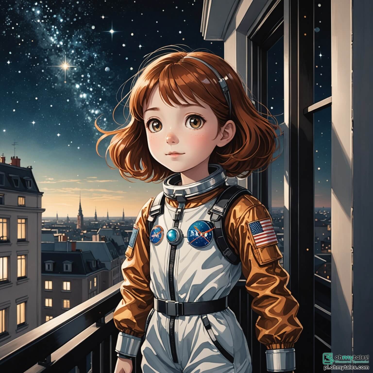 Une illustration destinée aux enfants représentant une jeune fille aux yeux pétillants de curiosité, avec des cheveux châtains flottant comme des nuages dans le vent, vêtue d'une combinaison spatiale étincelante, se tenant sur le balcon de son appartement à Varsovie, où les étoiles scintillent comme des diamants sur un velours noir, tandis qu'elle rêve de devenir astronaute, entourée de sa maman bienveillante, qui l'encourage avec un sourire chaleureux, et de sa mentor, une célèbre astronaute au regard déterminé, qui lui a ouvert les portes d'un fascinant centre de formation, où des simulateurs de vol et des maquettes de fusées s'entrelacent dans un ballet technologique, créant un décor vibrant d'aventures intergalactiques.