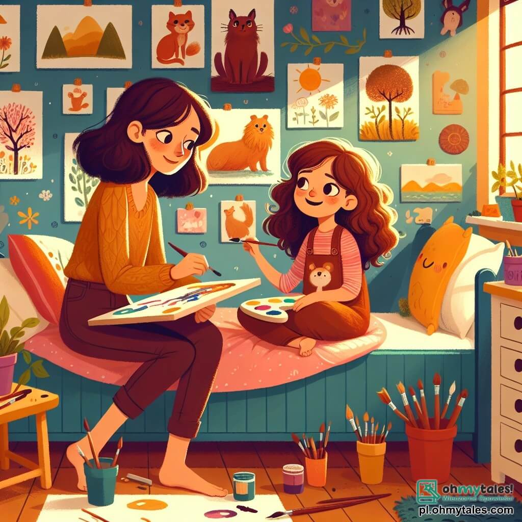 Une illustration sous forme de dessin destinée aux enfants représentant une chambre colorée et chaleureuse, avec des murs ornés de dessins d'animaux et de paysages, où une fille de 9 ans, aux cheveux bruns et bouclés, est assise sur son lit, entourée de pinceaux et de toiles, en train de peindre avec enthousiasme une scène de nature, tandis que sa maman, une femme douce aux cheveux châtains, l'observe avec un sourire bienveillant, créant une atmosphère de soutien et de créativité, évoquant le thème de la guérison et de l'importance de l'art pendant les moments difficiles.