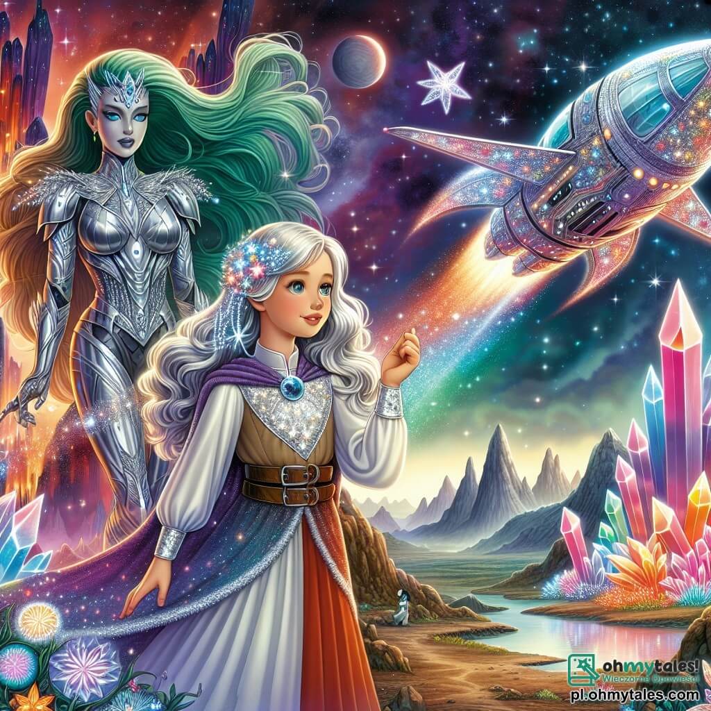 Une illustration destinée aux enfants représentant une jeune femme aux cheveux d'argent scintillants, vêtue d'une tunique étoilée, se tenant courageusement devant un vaisseau spatial flamboyant qui se dresse majestueusement sur une planète lointaine aux paysages enchanteurs, où des cristaux multicolores émergent du sol comme des fleurs lumineuses, tandis qu'à ses côtés, une mystérieuse femme aux longs cheveux verts, vêtue d'une armure argentée, l'invite à partir à l'aventure pour sauver leur monde d'un mal imminent.