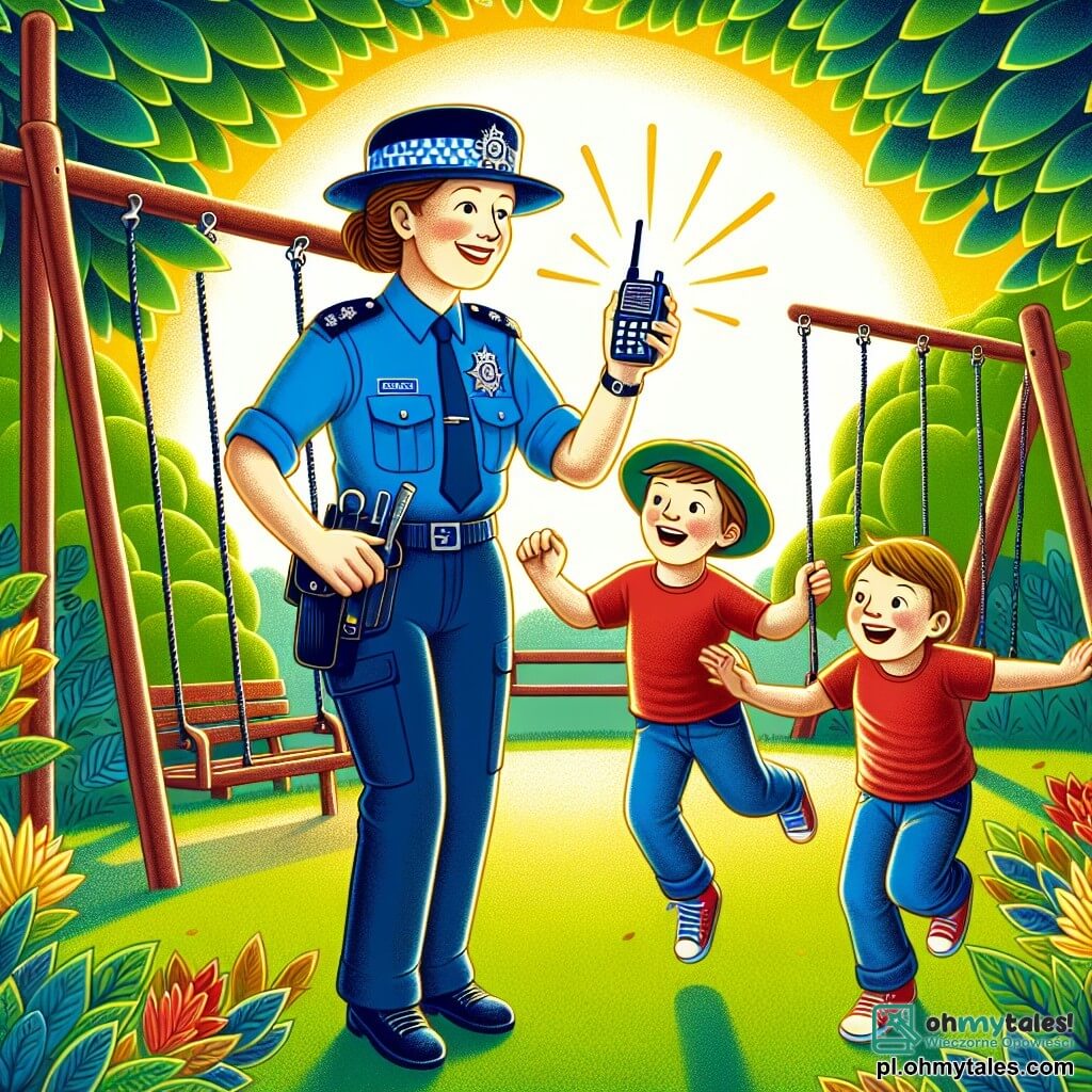 Une illustration sous forme de dessin destinée aux enfants représentant un parc ensoleillé avec des balançoires colorées et des arbres verdoyants, où une femme policier en uniforme bleu, avec un sourire chaleureux et une casquette, montre fièrement son radiowoz à deux jeunes garçons aux cheveux châtains, l'un portant un t-shirt rouge et l'autre un t-shirt bleu, qui sautent de joie en découvrant la sirène, illustrant l'importance de l'aide et de la protection dans la communauté.