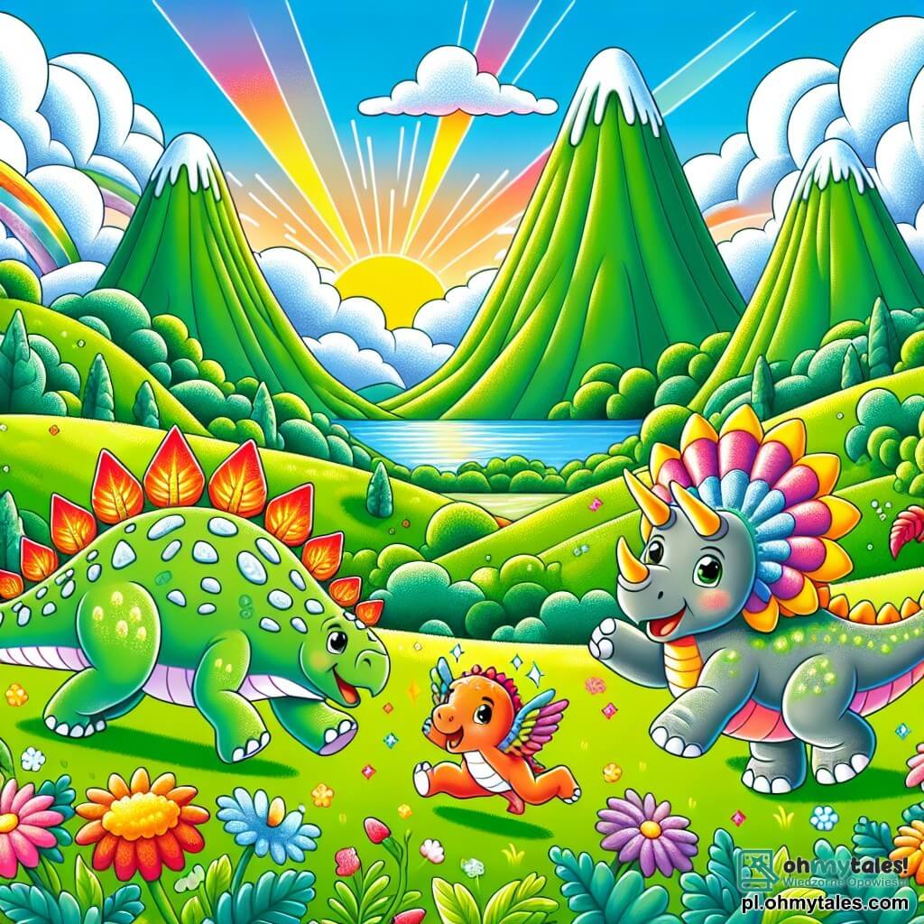 Une illustration sous forme de dessin destinée aux enfants représentant une vallée verdoyante entourée de hautes montagnes, où un stégosaure au dos recouvert de grandes plaques en forme de boucliers, joyeusement en train de sauter, est accompagné d'un petit dinosaure rapide avec une queue longue et fine qui court à ses côtés, tandis qu'un triceratops aux trois cornes se tient en arrière-plan, tous trois célébrant leur amitié après avoir découvert des baies magiques sur la montagne colorée, avec des fleurs éclatantes et un ciel bleu parsemé de nuages blancs.