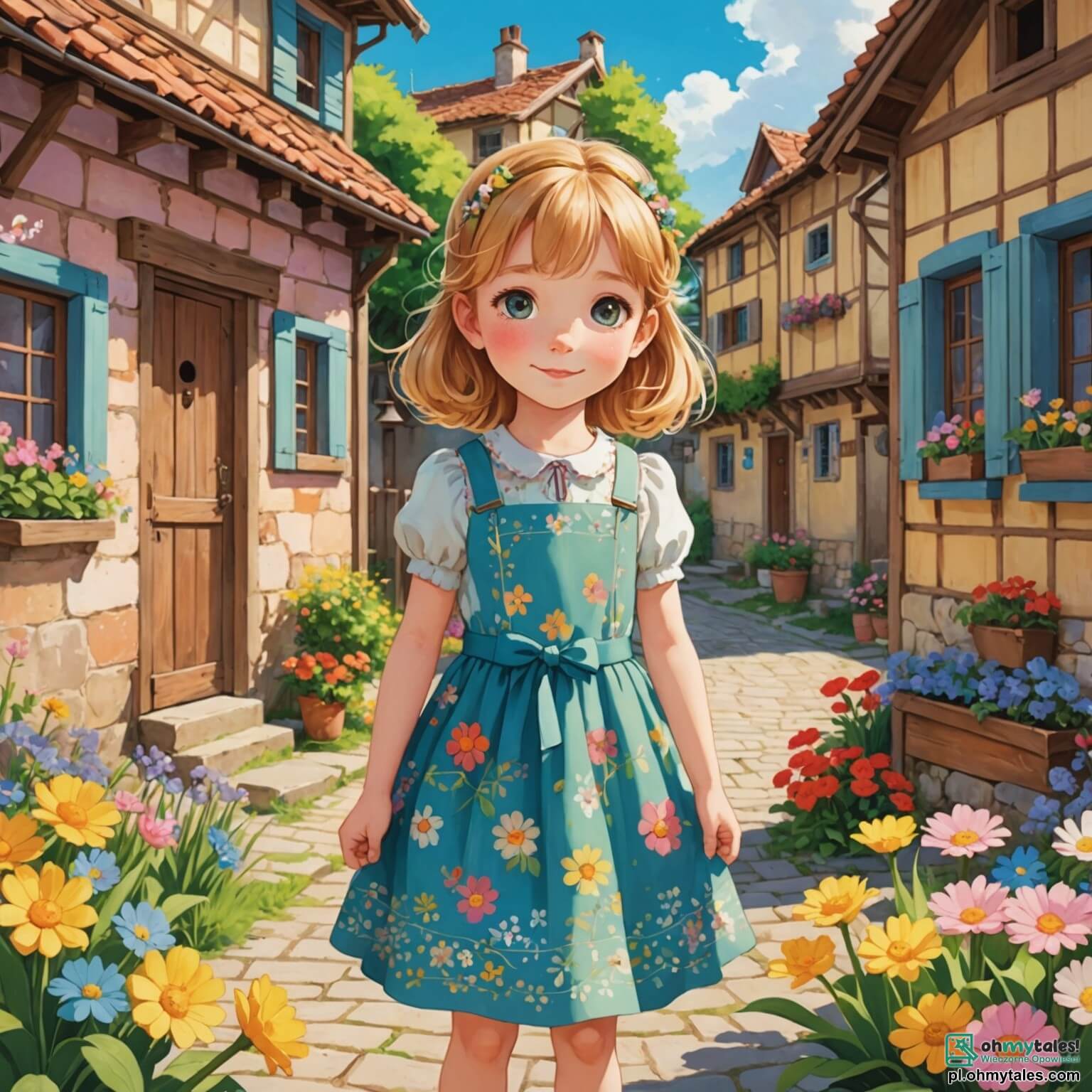Une illustration destinée aux enfants représentant une petite fille aux cheveux dorés et aux yeux pétillants, vêtue d'une jolie robe printanière ornée de fleurs colorées, se tenant au milieu d'un charmant mignon village aux maisons pastel aux volets en bois, où les enfants, remplis d'excitation, se rassemblent pour célébrer la magie de Pâques, tandis qu'elle, avec ses deux amis inséparables, un garçon courageux aux cheveux bruns et une fille espiègle aux couettes, part à l'aventure dans la forêt enchantée, à la recherche d'un mystérieux œuf magique caché par le célèbre lapin de Pâques, tout en découvrant des sentiers bordés de tulipes éclatantes, des arbres majestueux aux branches chargées de bourgeons et le doux chant des oiseaux qui résonne dans l'air frais du matin.