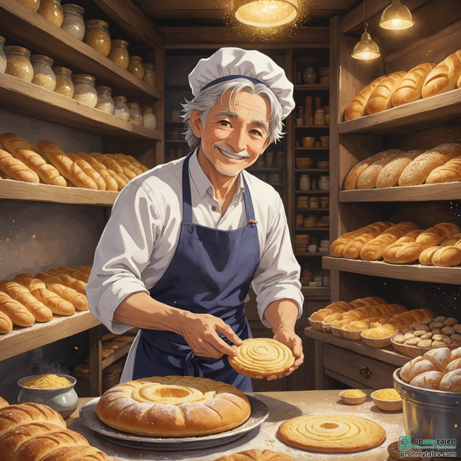 Une illustration destinée aux enfants représentant un homme au sourire chaleureux, vêtu d'un élégant tablier blanc, aux cheveux légèrement grisonnants et aux mains farines, qui pétrit avec passion une pâte dorée dans sa boulangerie magique, où les murs sont tapissés de sacs de farine aux motifs colorés, des étagères débordant de pains croustillants et de pâtisseries scintillantes, tandis qu'une petite fille aux yeux pétillants d'émerveillement et un garçon aux joues roses de gourmandise l'observent avec fascination, impatients d'apprendre les secrets de la boulangerie dans ce lieu enchanteur où l'odeur du pain chaud se mêle à celle des douceurs sucrées.